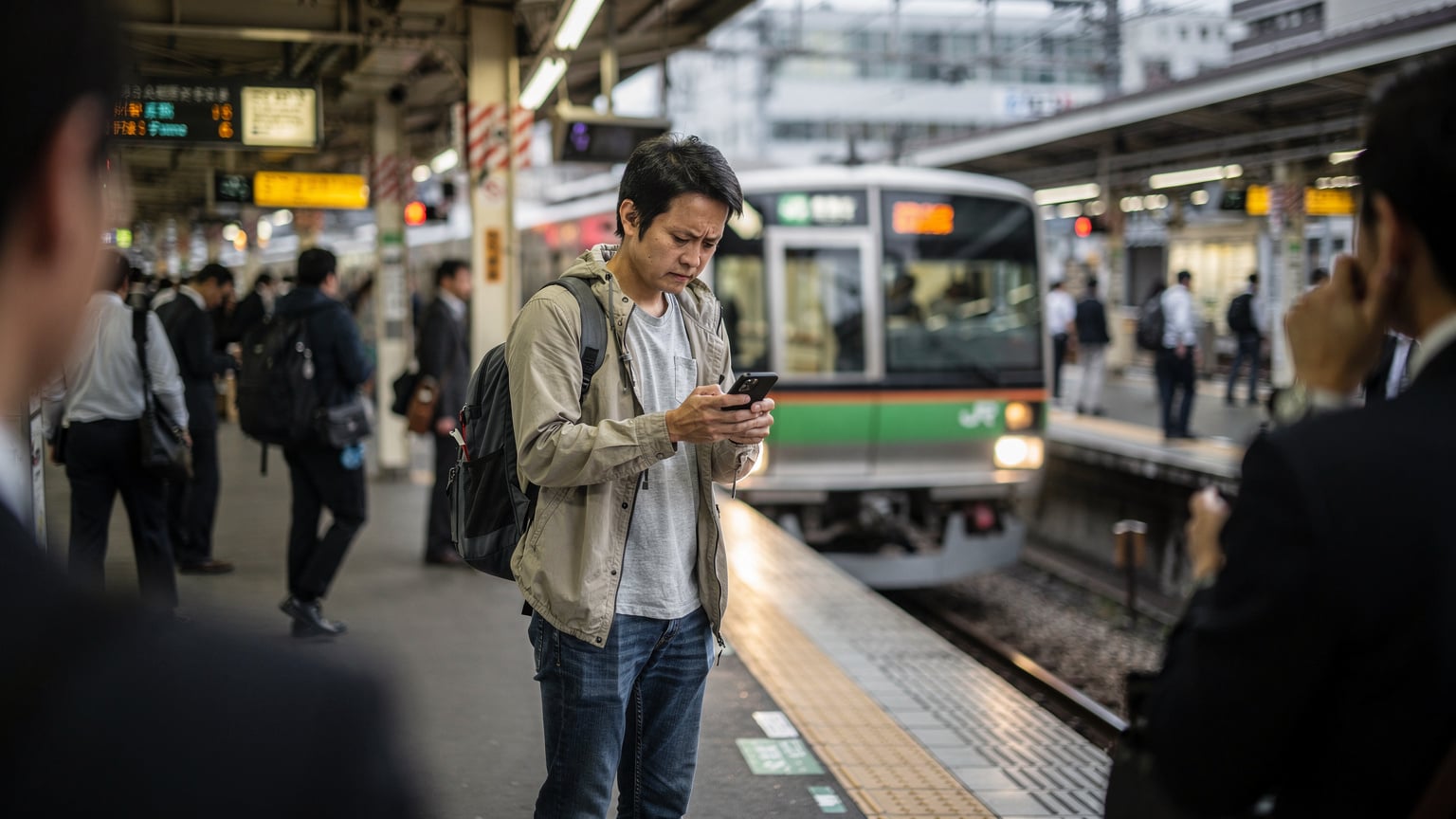 A traveler looks at their phone screen with a frustrated expression while waiting at a busy train platform in Tokyo, perhaps having just encountered a data slowdown.