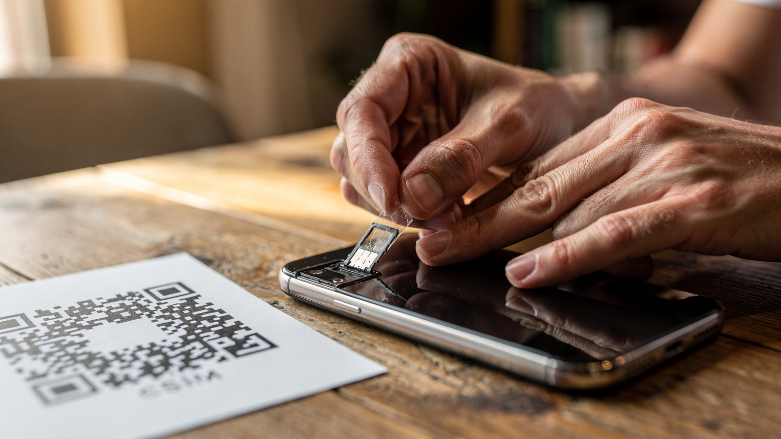 A close-up shot of a person's hands delicately peeling a small sticker off the back of a phone, preparing to insert a physical SIM card, with an eSIM QR code visible on a printed guide beside it on a wooden table.