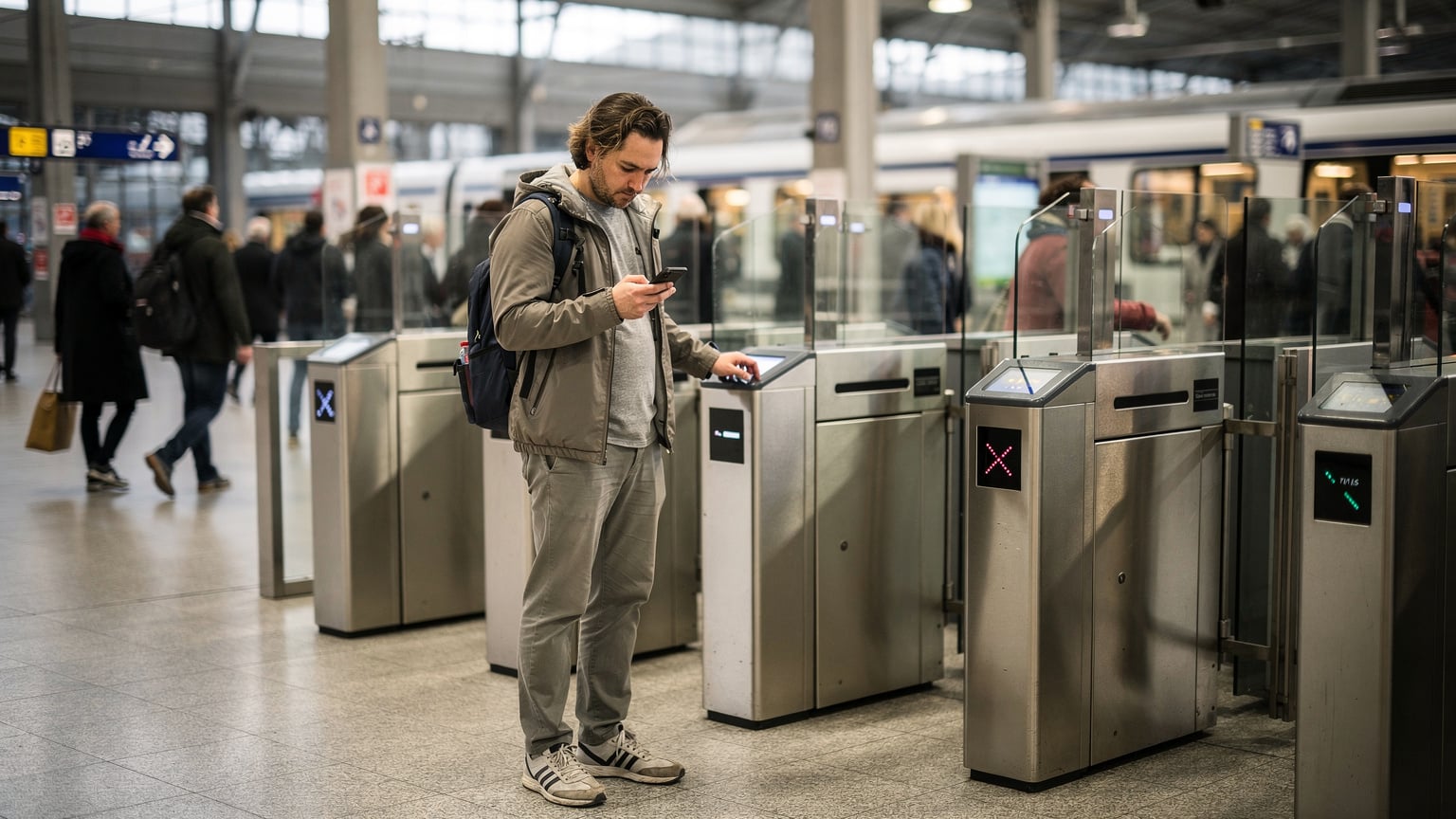 A person standing at a bustling train station ticket barrier in Zurich, looking at their phone screen with a slight frown, while others move past them.