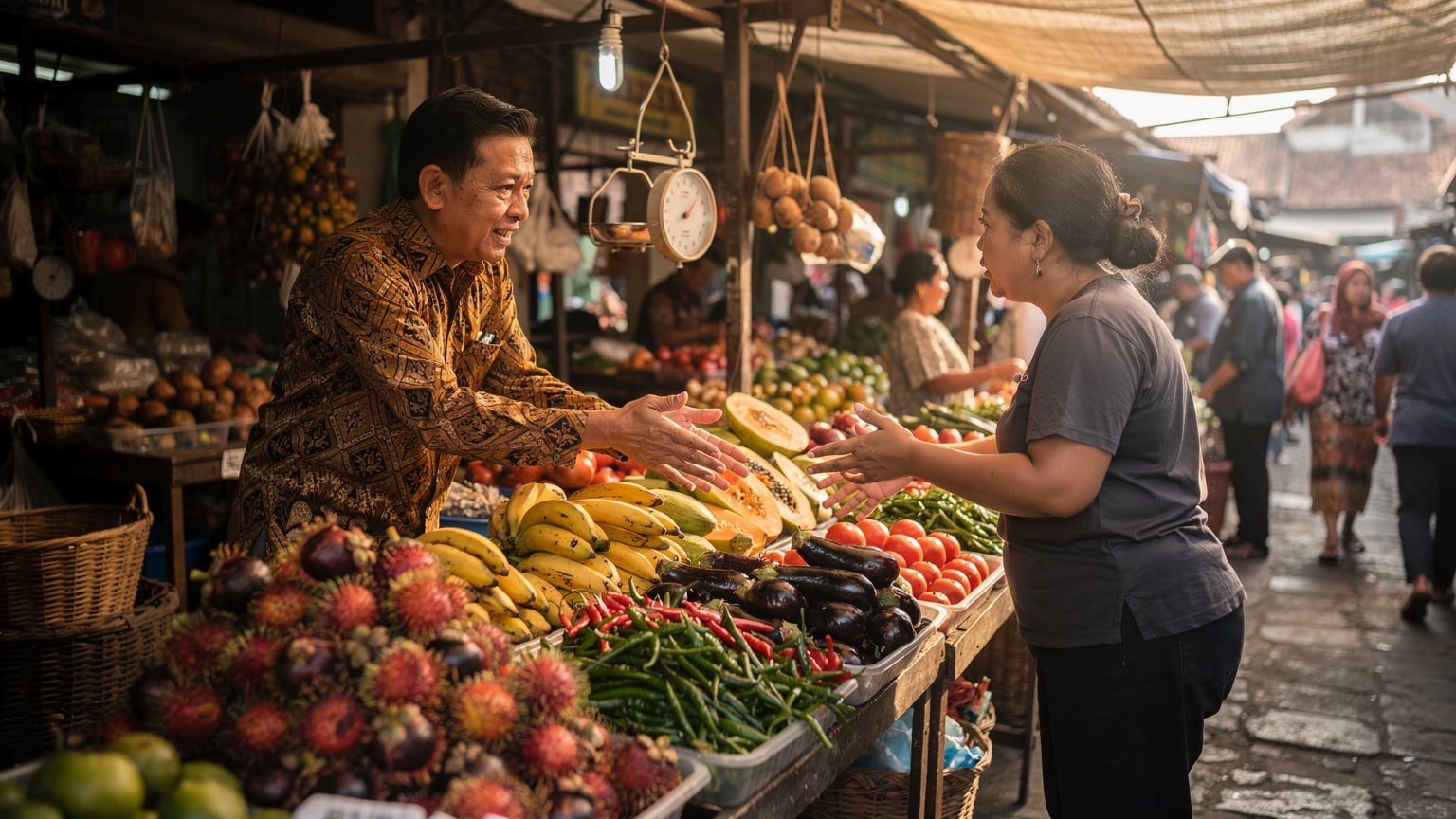 A bustling morning scene at a local market in Yogyakarta, Java, with various tropical fruits and vegetables artfully arranged on stalls, and a vendor interacting with a customer.