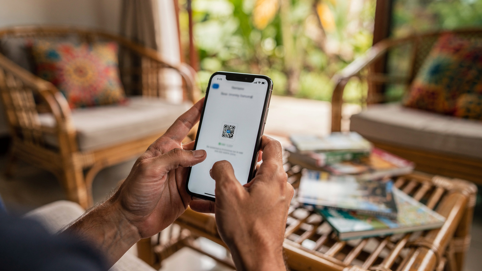 A traveler's hands are shown setting up an eSIM on a smartphone, with the phone screen blurred but showing a QR code scanner interface, against a backdrop of a hostel common room in Ubud, Bali.