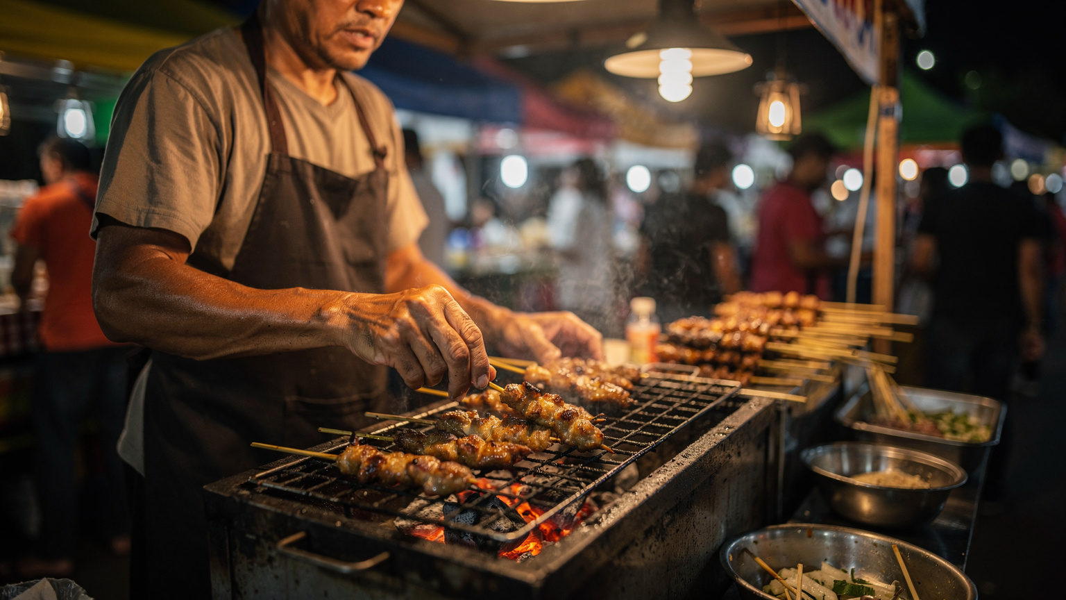 A close-up shot of a local street food vendor in Seminyak, Bali, expertly preparing satay skewers over a small charcoal grill, with smoke rising and vibrant market activity in the blurred background.