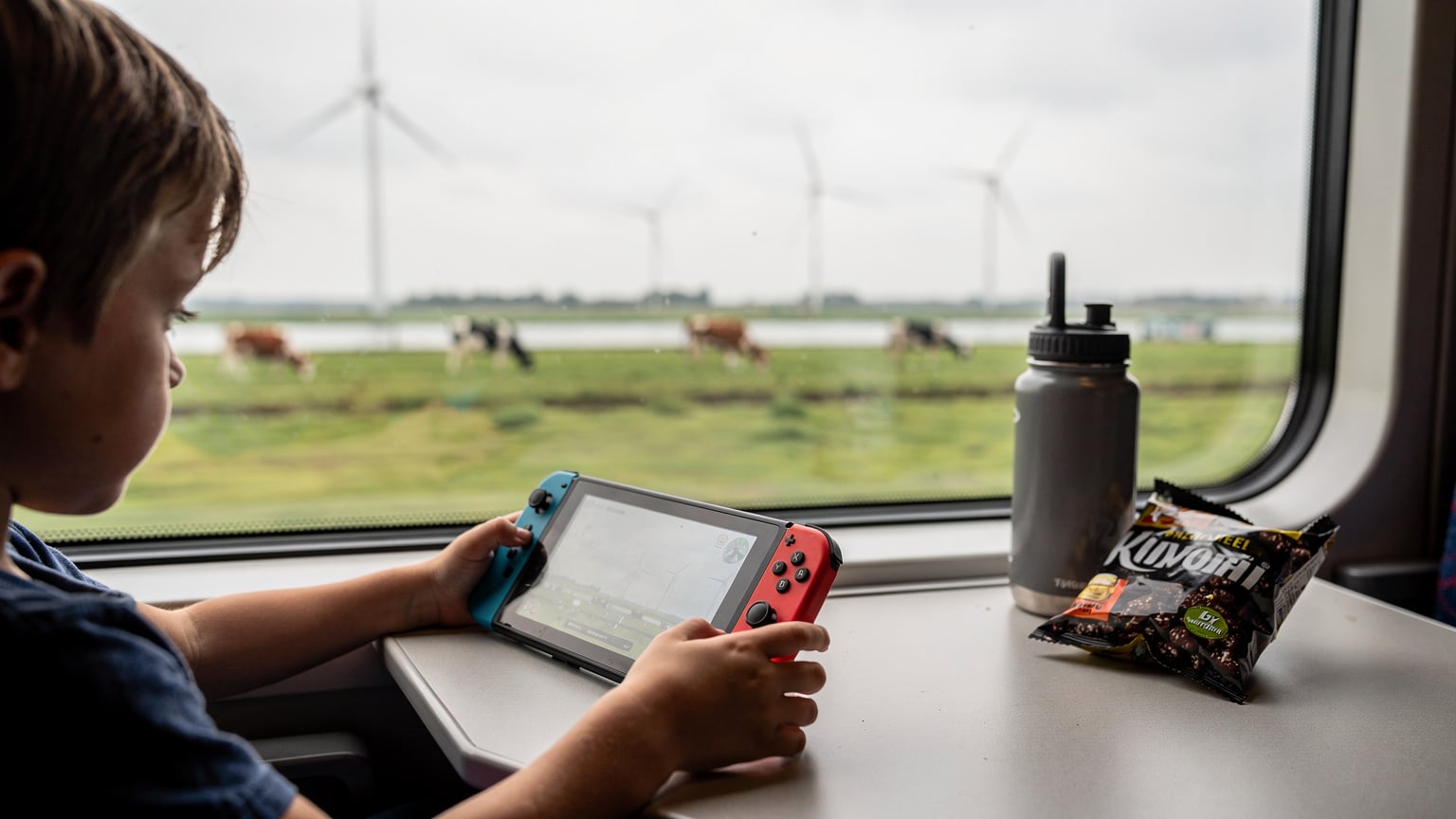 Kind speelt op Nintendo Switch in de trein, Nederlandse polder met koeien en windmolens door het raam