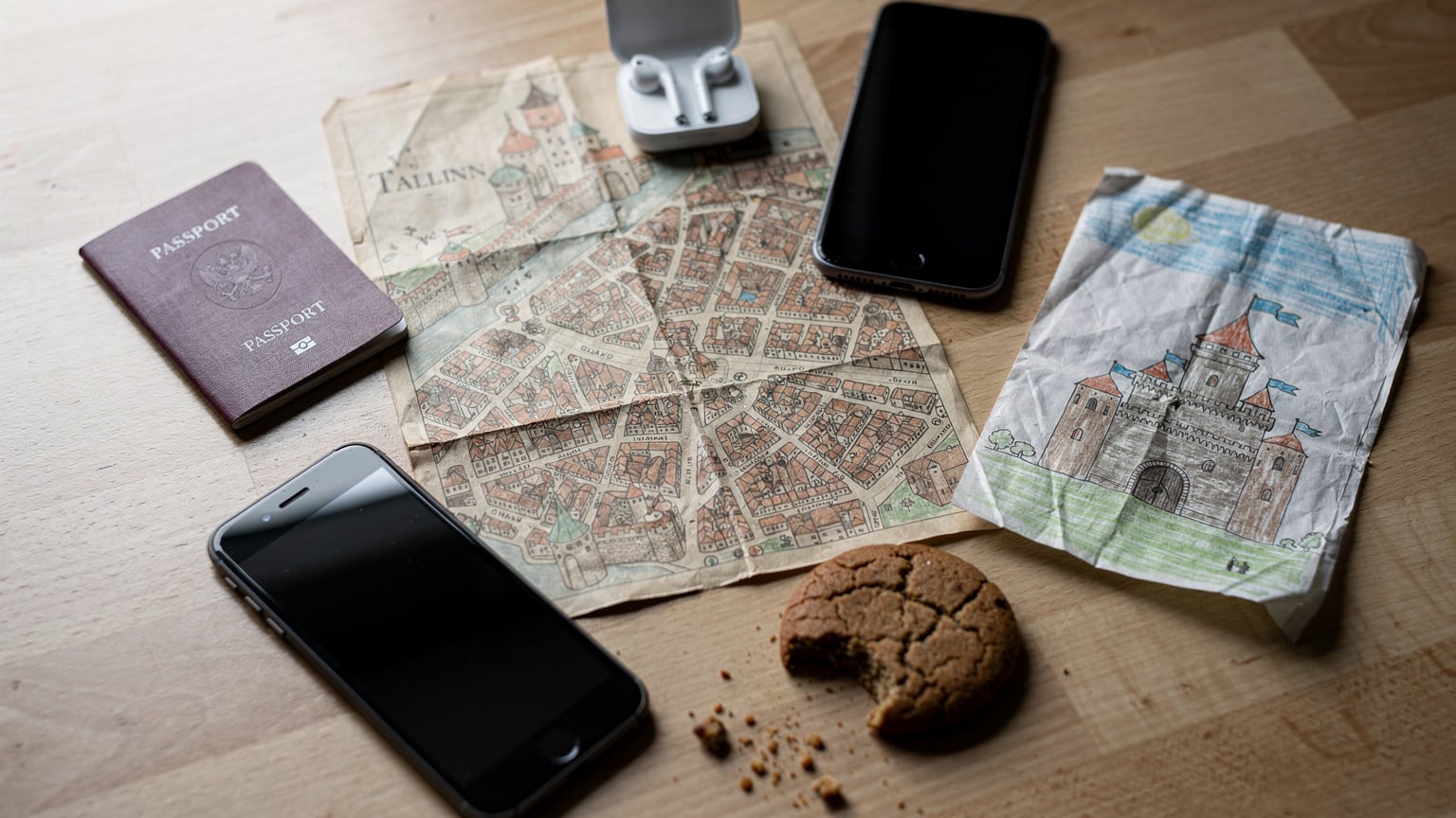 Overhead flat-lay met paspoort, telefoons, papieren kaart van Tallinn, oordopjes en kindertekeening op houten tafel