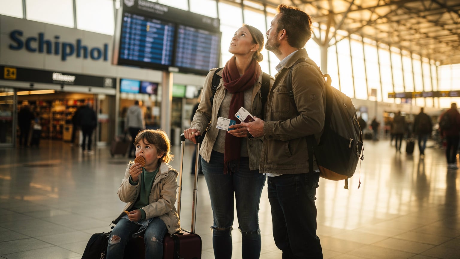 Gezin bij Schiphol Plaza, kind op koffer met stroopwafel, ouder kijkt naar vertrekbord, ochtendlicht door glazen dak