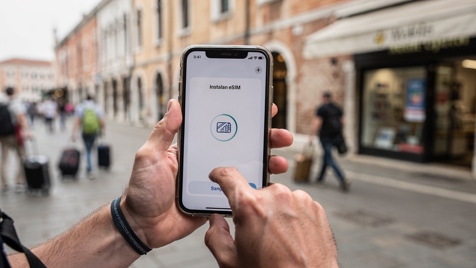 Venedik tren istasyonu yakınlarındaki bir mobil operatör mağazasının önünden geçen bir seyyahın elinde tuttuğu akıllı telefonunun ekranında açık olan eSIM kurulum menüsüne odaklandığı an. Görüntüde Venedik mimarisine özgü detaylar ve yerel halkın hareketliliği seçiliyor.