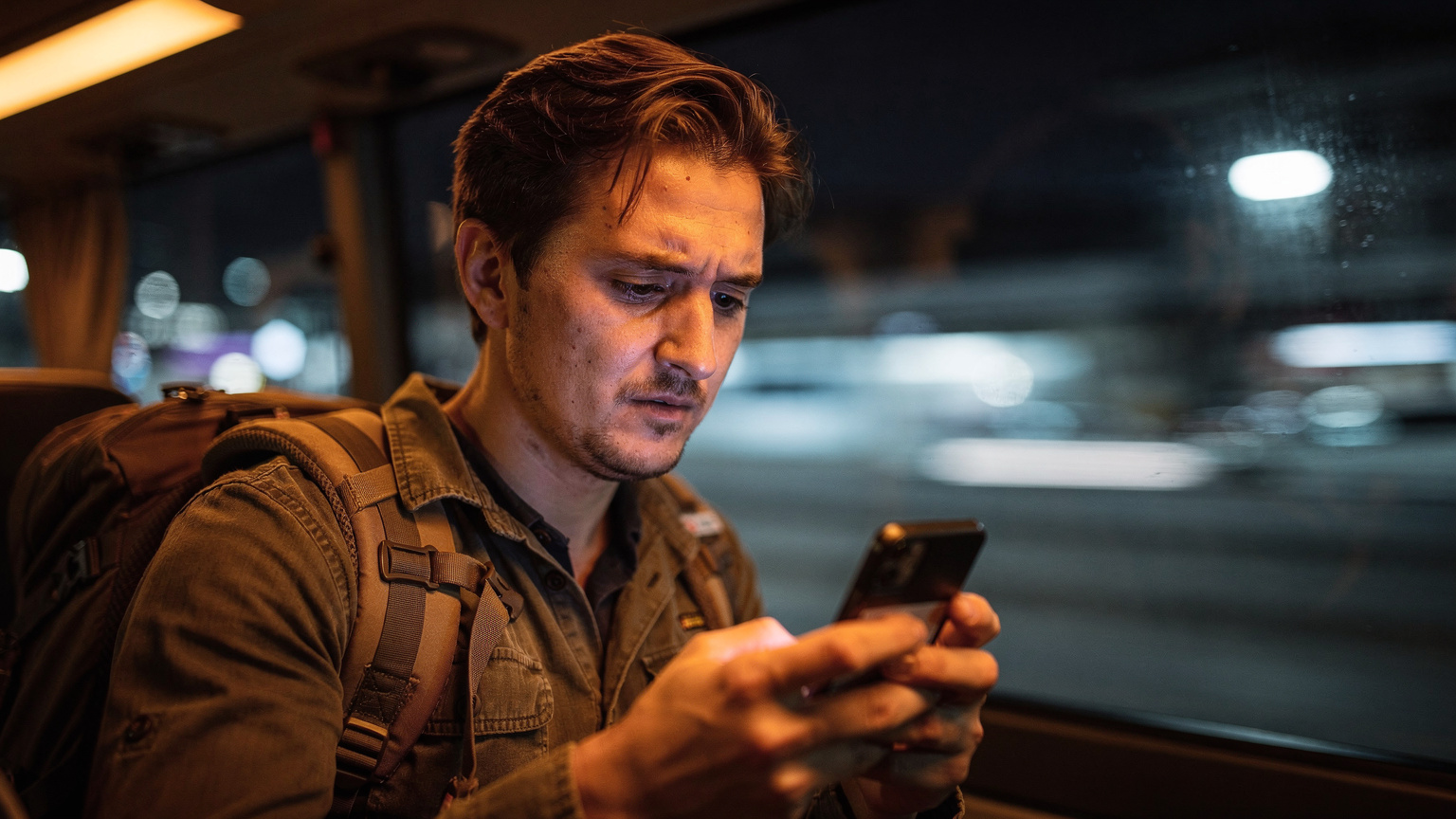 Bir gece otobüsünün loş iç mekanında, sırt çantalı bir gezginin telefon ekranına endişeyle baktığı yakın çekim. Telefon ekranında 'Hizmet Yok' veya 'Bağlantı Sorunu' gibi bir mesaj görünüyor. Arka planda otobüsün penceresinden geçen şehir ışıkları flu bir şekilde seçiliyor.