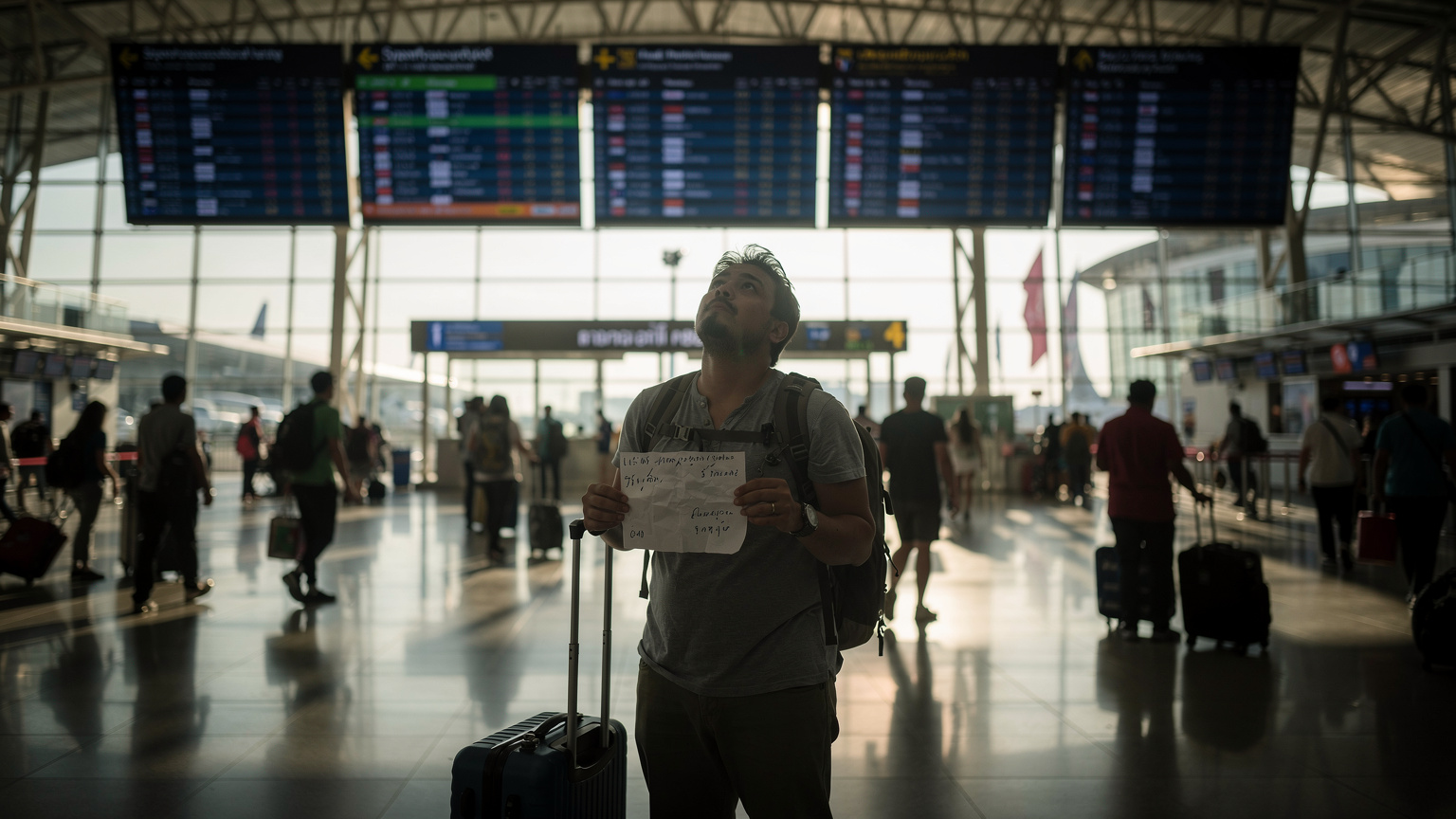 Ein Reisender im Flughafen Bangkok Suvarnabhumi Airport, der verwirrt auf ein Schilderwirrwarr schaut, während er versucht, einen SIM-Karten-Stand zu finden. Es ist Hochbetrieb, und das natürliche Tageslicht strömt durch die hohen Fenster.
