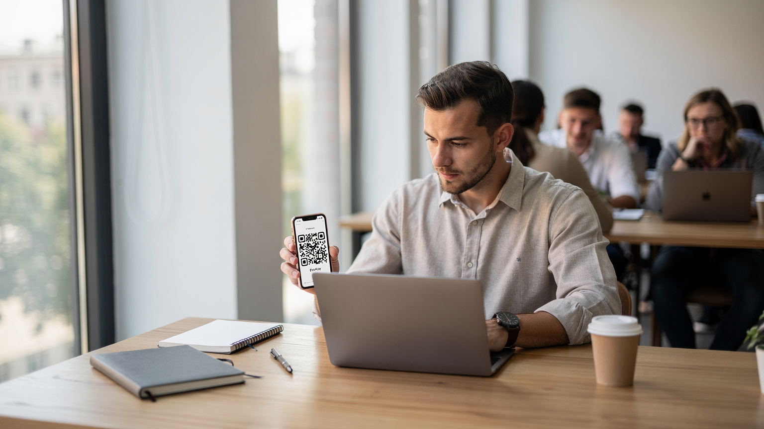 Ein Reisender sitzt in einem Co-Working Space namens 'The Hive' in Berlin Mitte, mit Blick auf einen Laptop und ein Smartphone. Auf dem Smartphone-Bildschirm ist ein QR-Code zu sehen, der für die eSIM-Aktivierung bereitsteht. Der Raum ist hell und modern, mit anderen Laptop-Nutzern im Hintergrund, die in natürlichem, weichem Licht arbeiten.