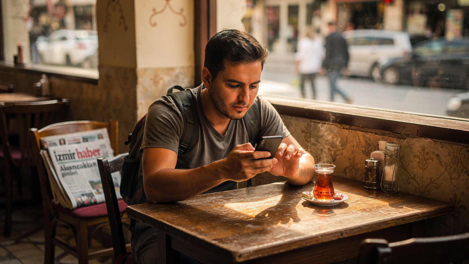 Ein Reisender sitzt in einem kleinen Café in Izmir, Türkei, und betrachtet nachdenklich sein Smartphone, umgeben von lokalen Zeitungen und einer Tasse Tee.
