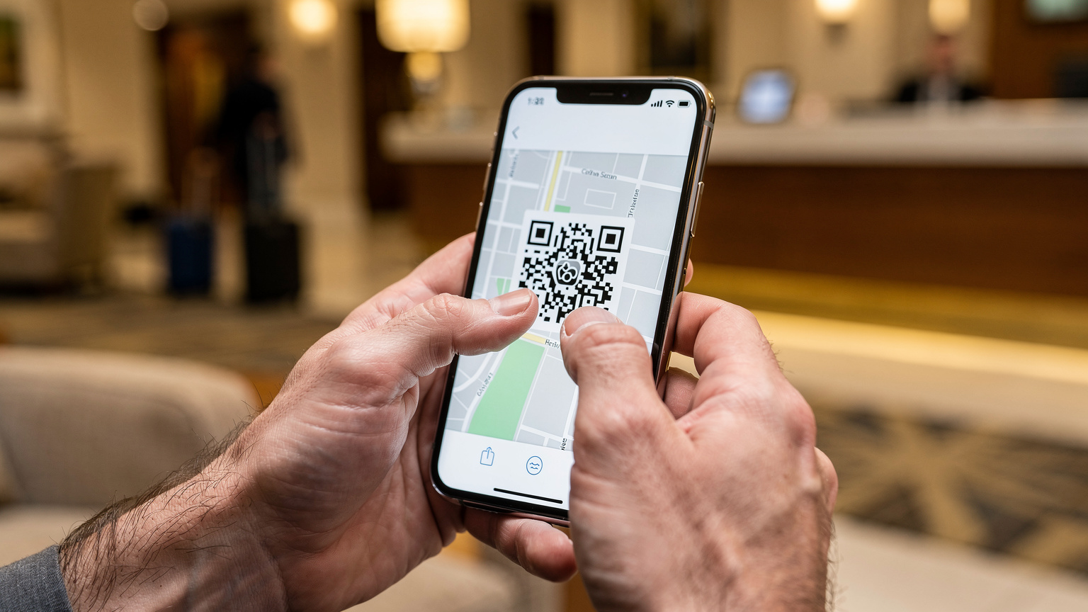 Nahaufnahme von Händen, die ein Smartphone halten, wobei der Daumen über dem Bildschirm streicht und eine digitale Karte oder eine App mit einem QR-Code angezeigt wird, im Hintergrund eine verschwommene Hotellobby.