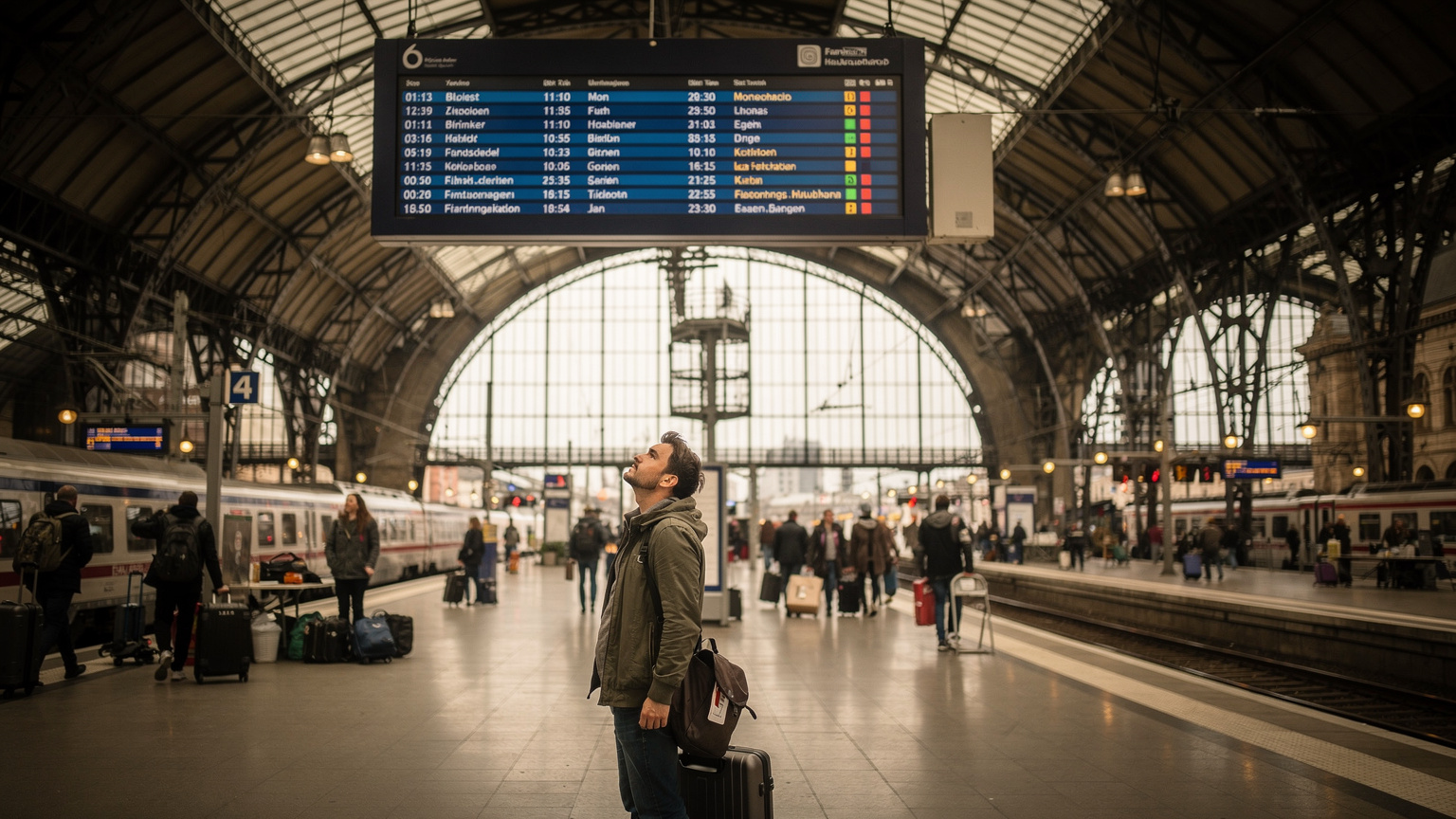 Ein überfüllter Bahnsteig im Frankfurter Hauptbahnhof, eine Person blickt nachdenklich auf die Abfahrtstafel.