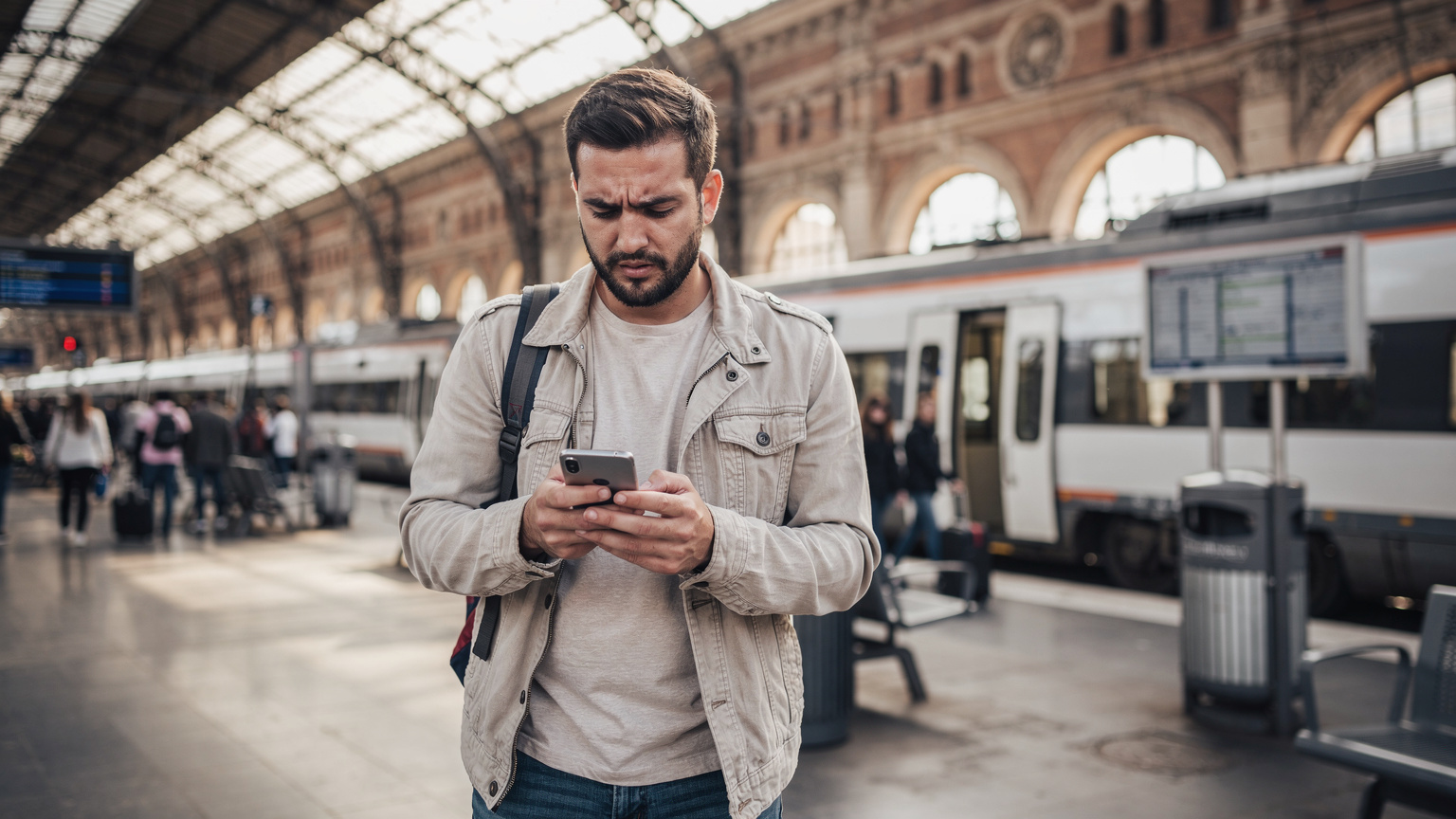 Ein Reisender versucht an einem Bahnhof in Rom, die Verbindung seines Telefons zu überprüfen, mit einem Ausdruck von Verwirrung.