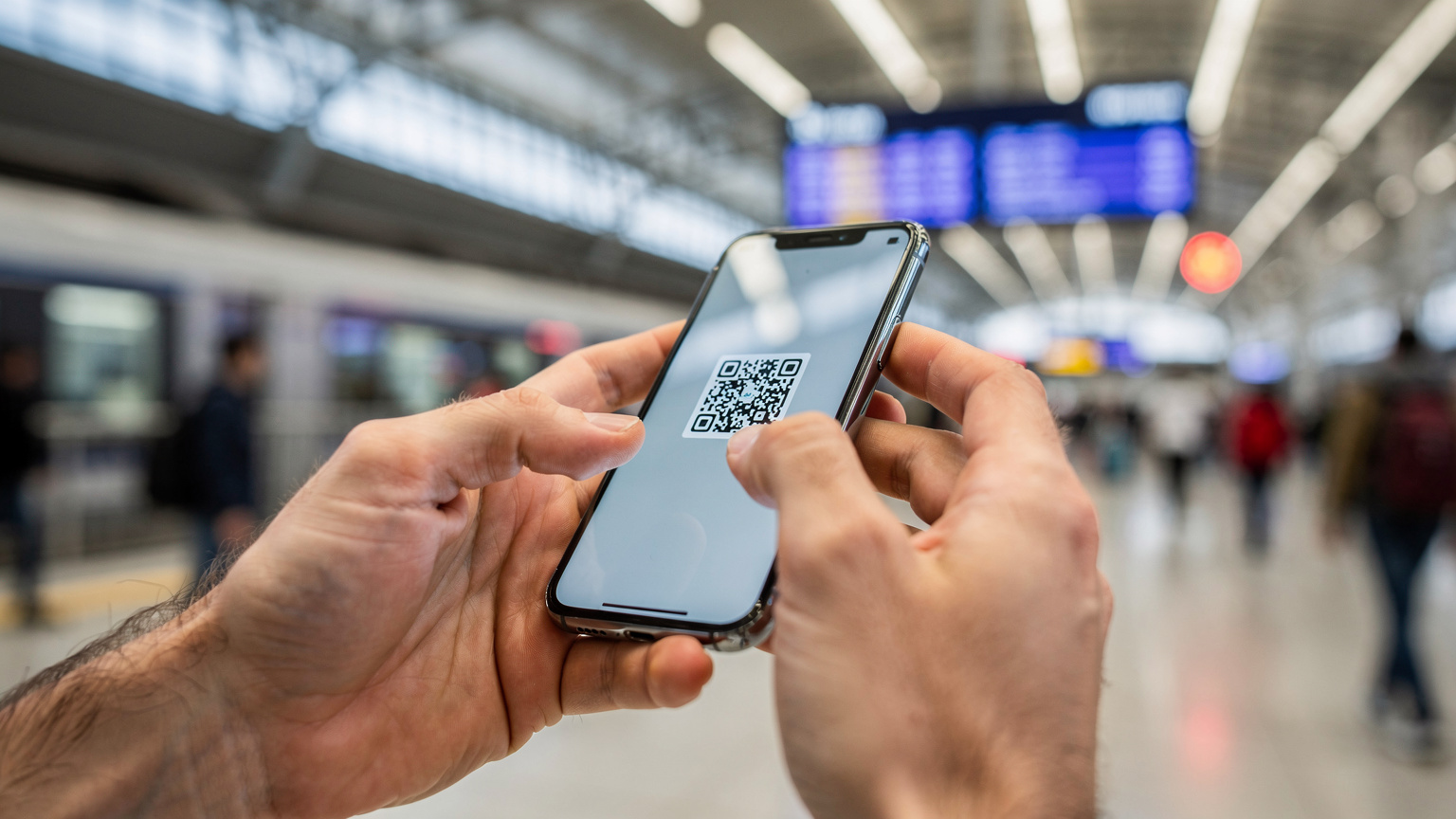 Nahaufnahme von Händen, die ein Smartphone halten, während es die eSIM-Installation über einen QR-Code scannt, mit einem Bahnhofshintergrund in Istanbul.