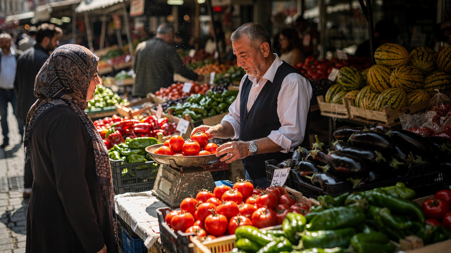 Piața de legume din Kadıköy, Istanbul, cu tarabe de roșii și ardei, un vânzător ținând un cântar, lumină dură de amiază