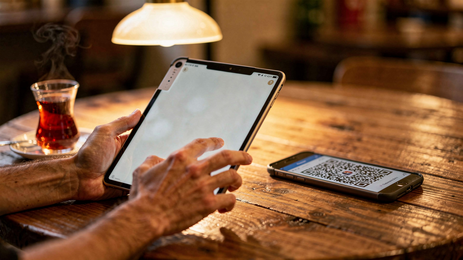 Mâini care țin un iPad într-o cafenea din Moda, cu un cod QR pe ecranul telefonului din spate, gata de scanat