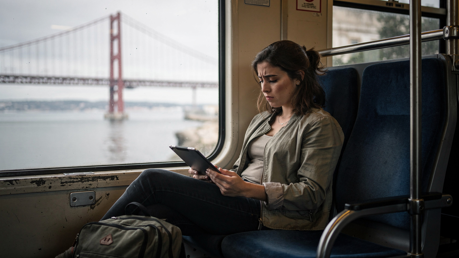 Turistă uitându-se la ecranul tabletei într-un tren de navetiști în apropiere de Lisabona, cu o expresie ușor preocupată