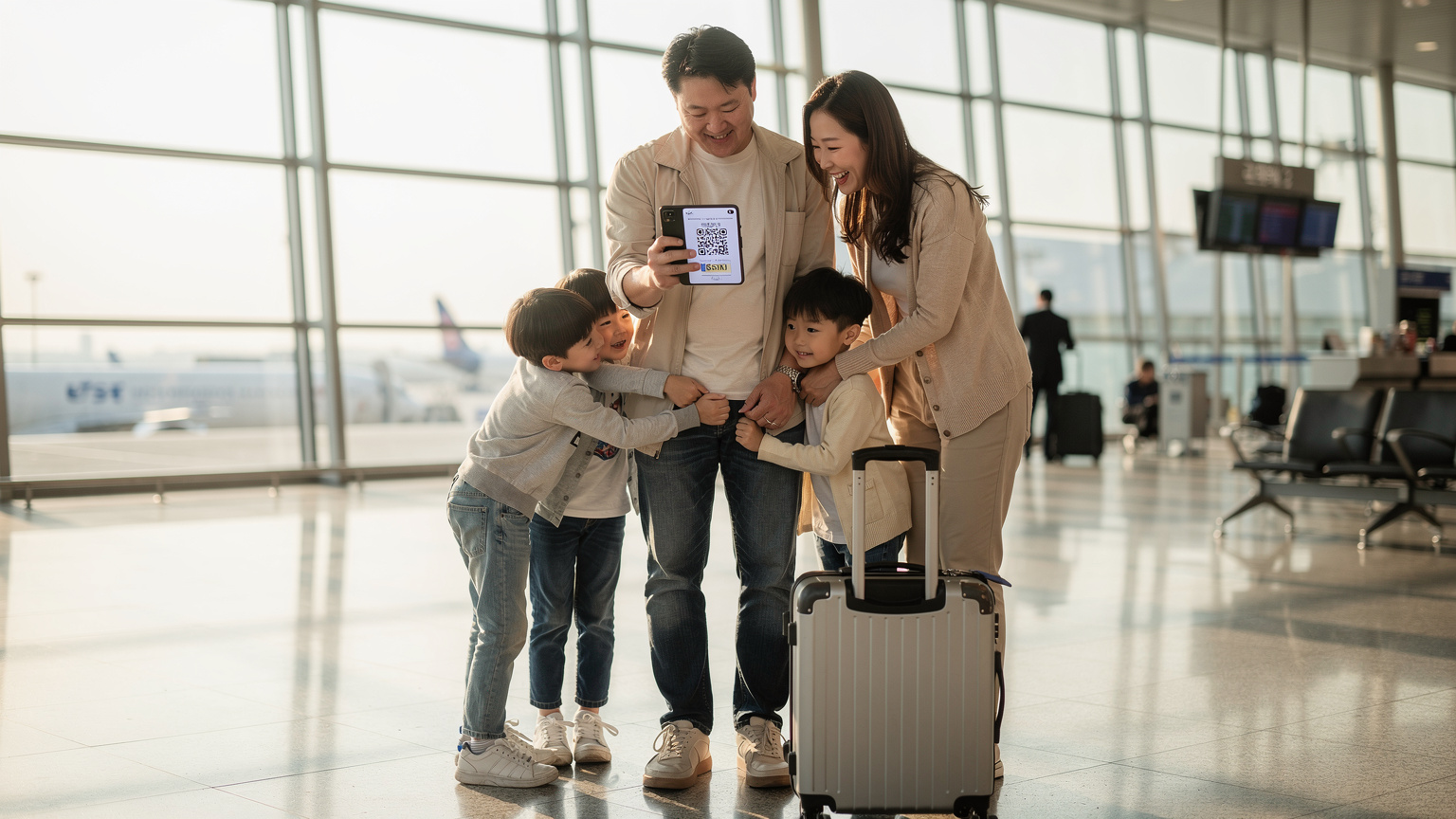 Korean family at Incheon Airport, father holding phone with eSIM QR code, children looking on.
