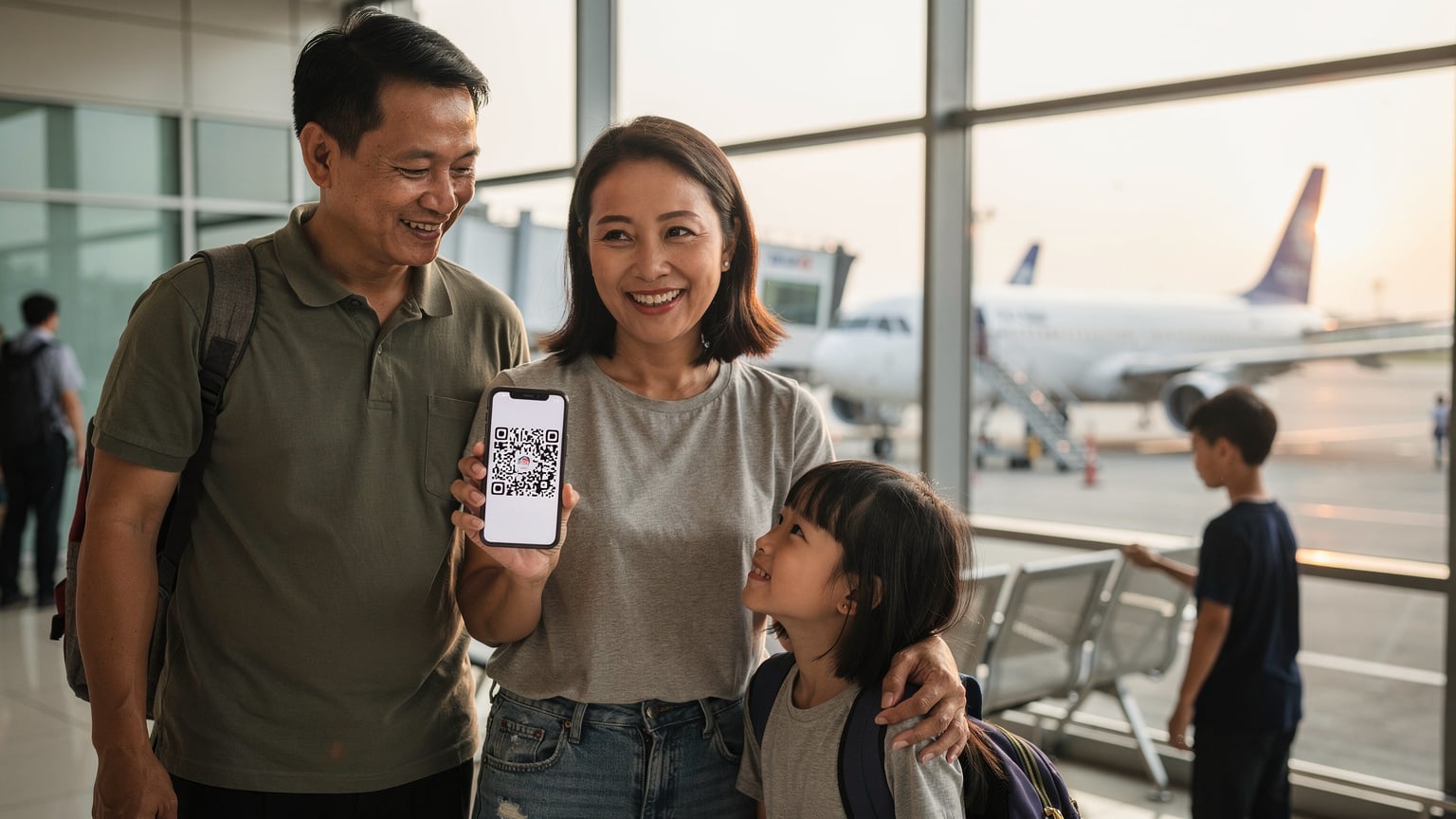 Vietnamese family at airport gate, mother holding iPhone 18 with QR code, natural light.