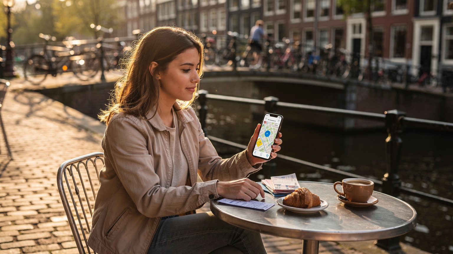 Woman using smartphone for travel data at an Amsterdam canal-side cafe, with pastries and documents.