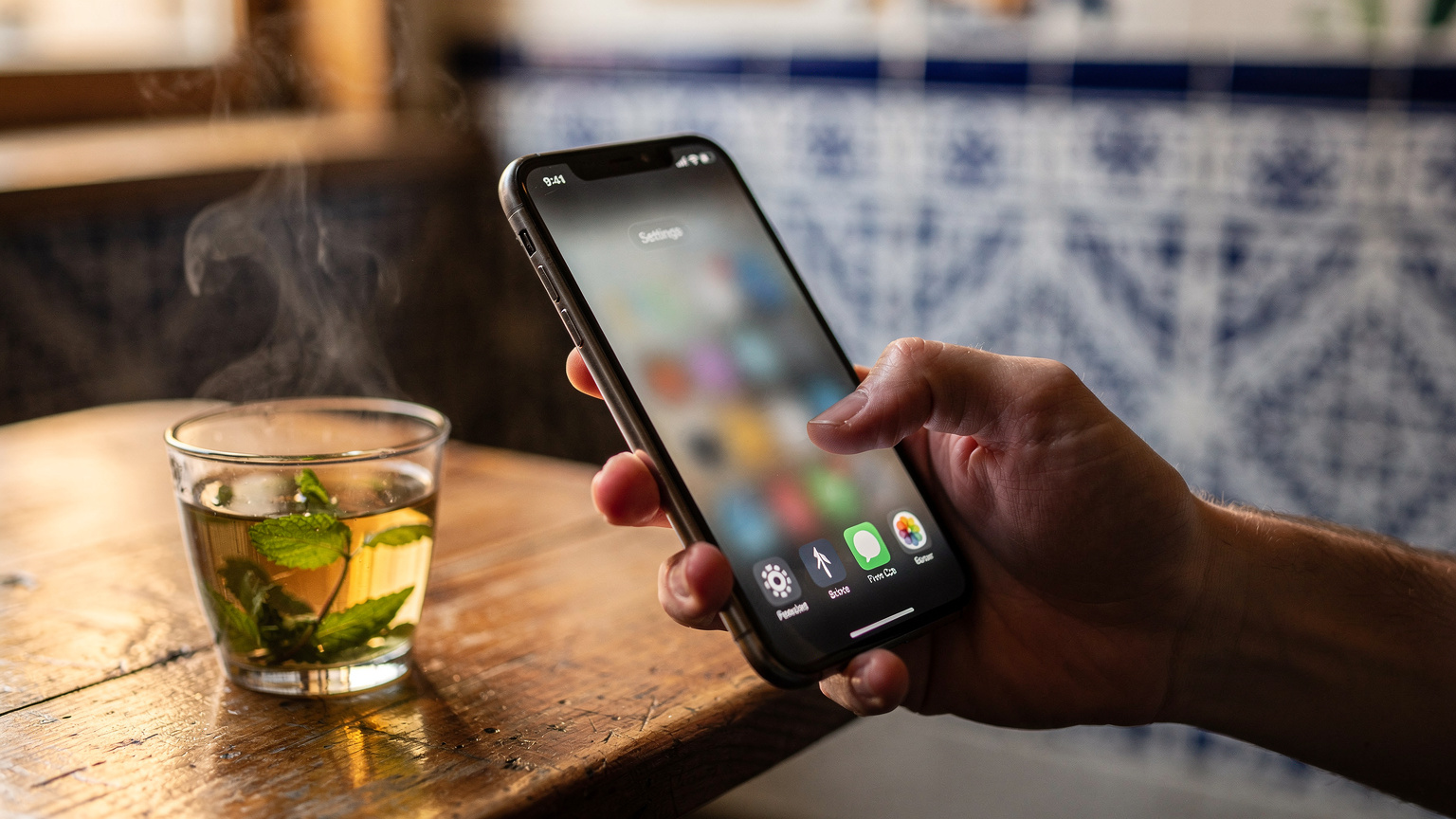 Gros plan sur la main d'un voyageur configurant son téléphone dans un café de Tunis, verre de thé à la menthe à côté