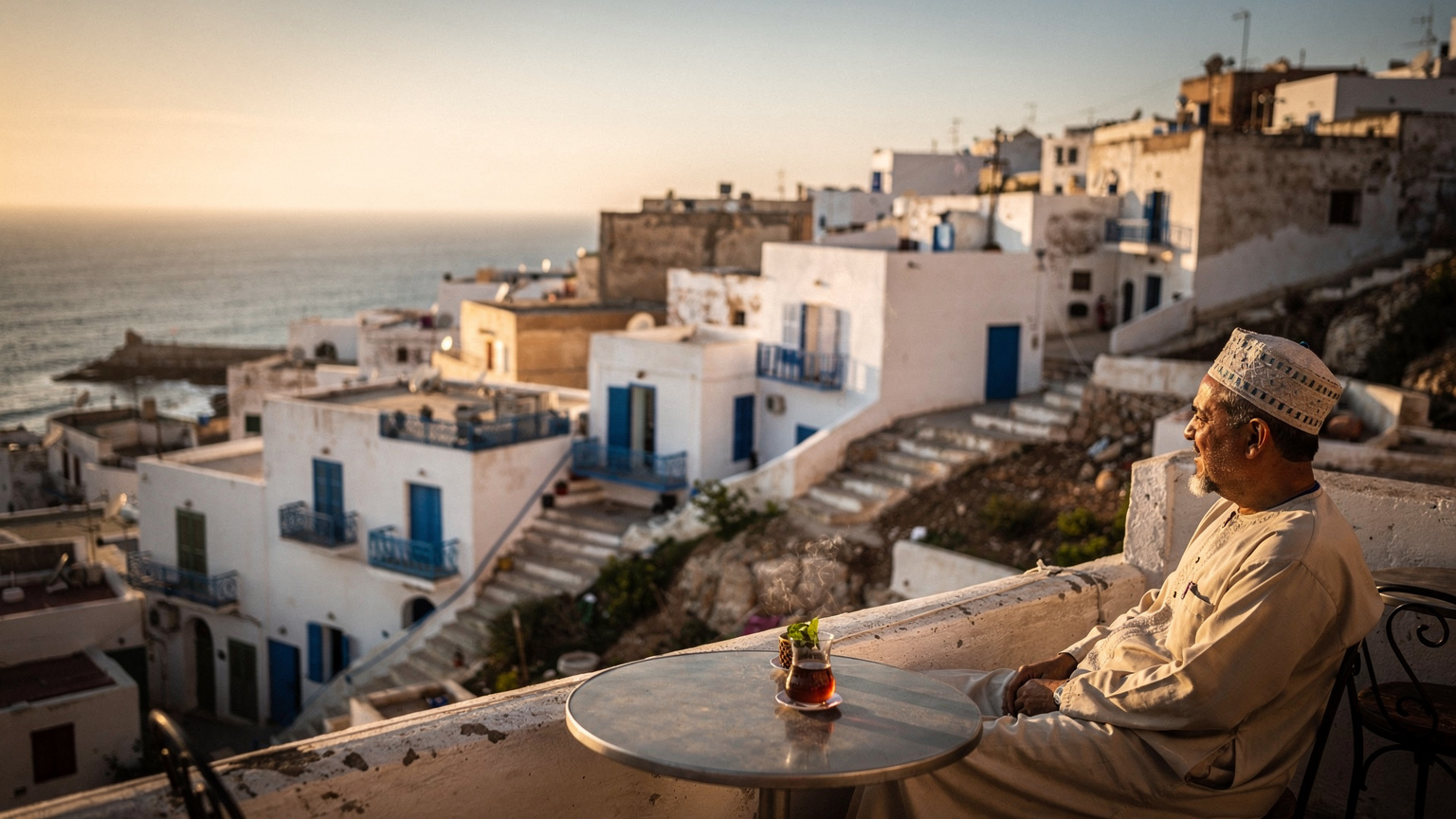 Vue depuis un café sur les toits de Sidi Bou Saïd, médina blanche et mer au loin, lumière dorée