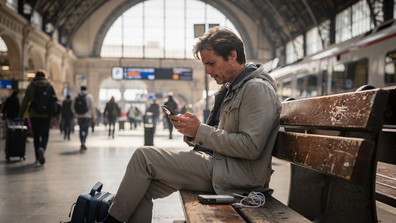A traveler looks with a worried expression at their phone screen while sitting on a bench in a busy European train station, with a power bank and charging cable visible nearby, late morning light.