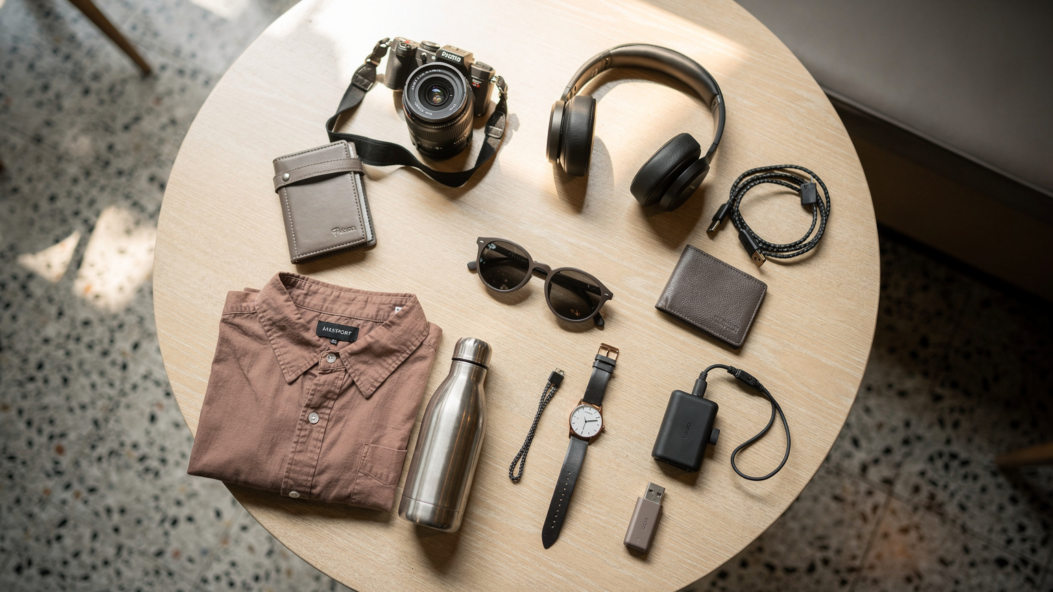 An overhead flat-lay of a British passport, a modern smartphone with an eSIM QR code sticker on its back, noise-cancelling headphones, and a small, folded physical map of Jakarta, all arranged on a light wooden table in a minimalist cafe, with soft morning light.