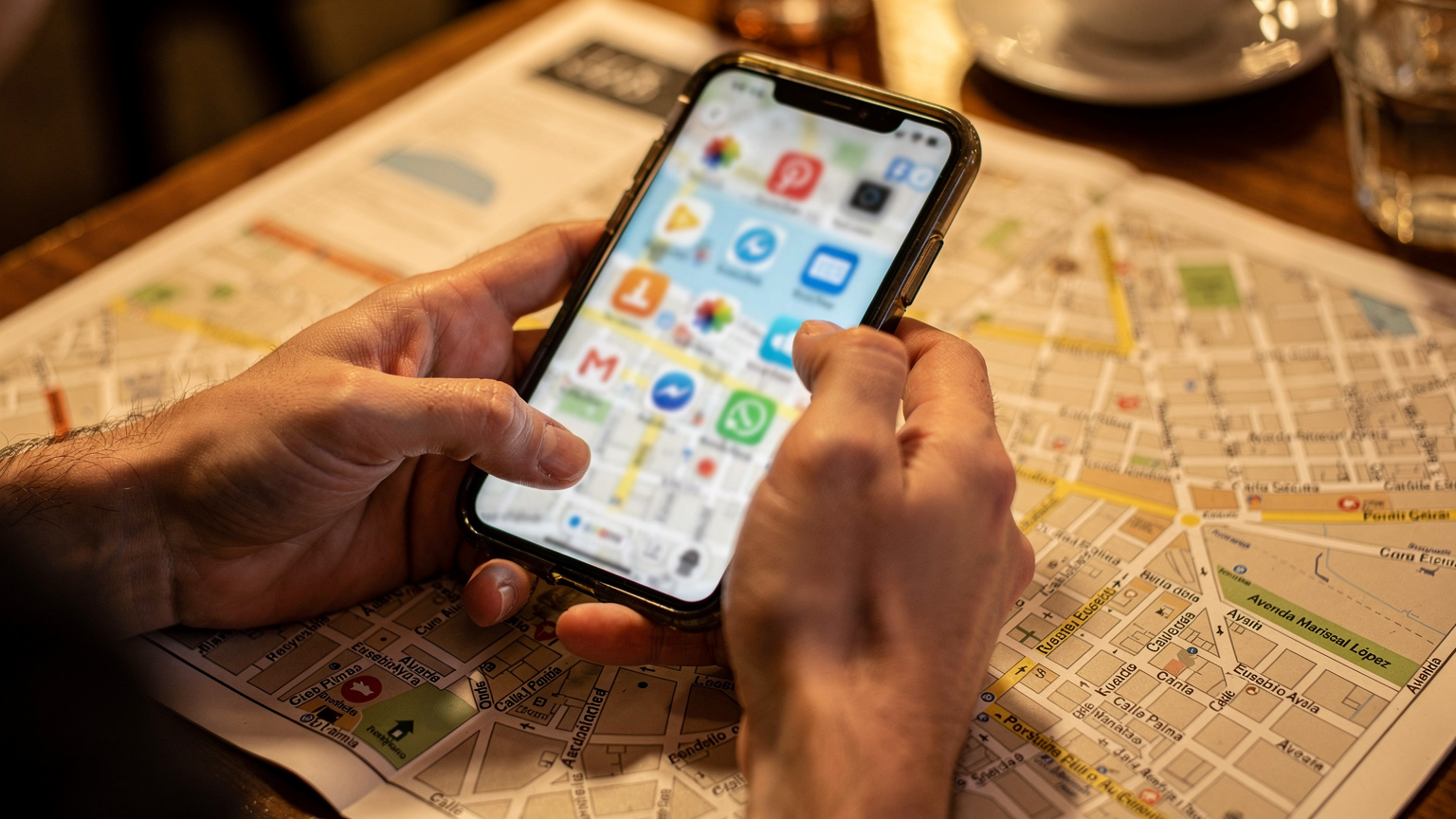Primer plano de dos manos sosteniendo un teléfono sobre un mapa de papel de Asunción, con la calle Palma y la bahía visibles, luz de interior cálida.