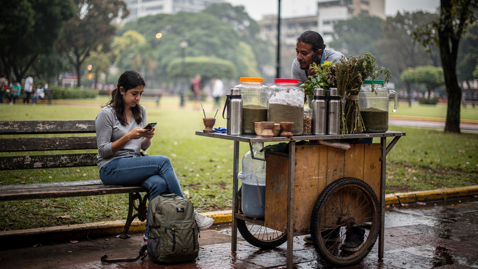 Puesto callejero de tereré en la plaza Uruguaya de Asunción, con una viajera sentada en un banco, un termo de metal y guampas sobre el mostrador.