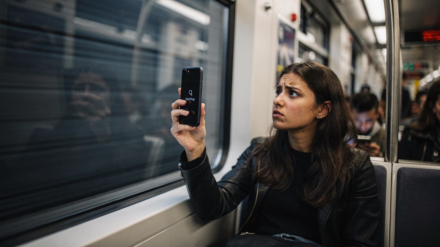 Frustrated woman on Prague Metro, phone searching for signal, hinting at poor connectivity despite Wi-Fi.
