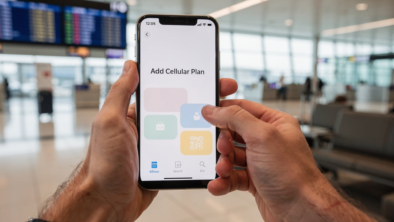 Mani di un viaggiatore mentre scansionano un codice QR con il proprio smartphone, con lo schermo del telefono che mostra un'interfaccia di attivazione eSIM, in un ambiente aeroportuale luminoso e moderno.