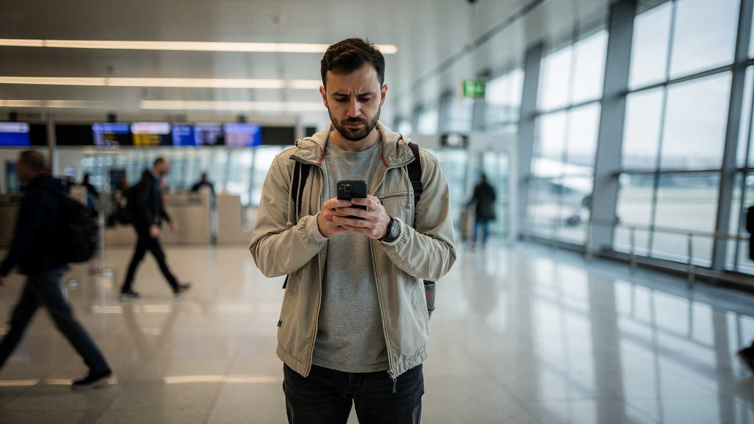 Viaggiatore fermo davanti a un gate dell'aeroporto di Istanbul che controlla il telefono con espressione concentrata