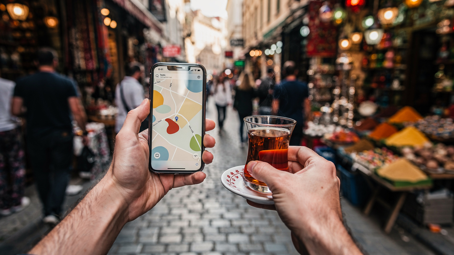 İstanbul'un tarihi Fatih semtinde, Kapalıçarşı yakınlarındaki dar, hareketli bir sokakta, bir elinde cep telefonu diğer elinde geleneksel bir Türk çayı tutan bir turistin yakın çekimi.