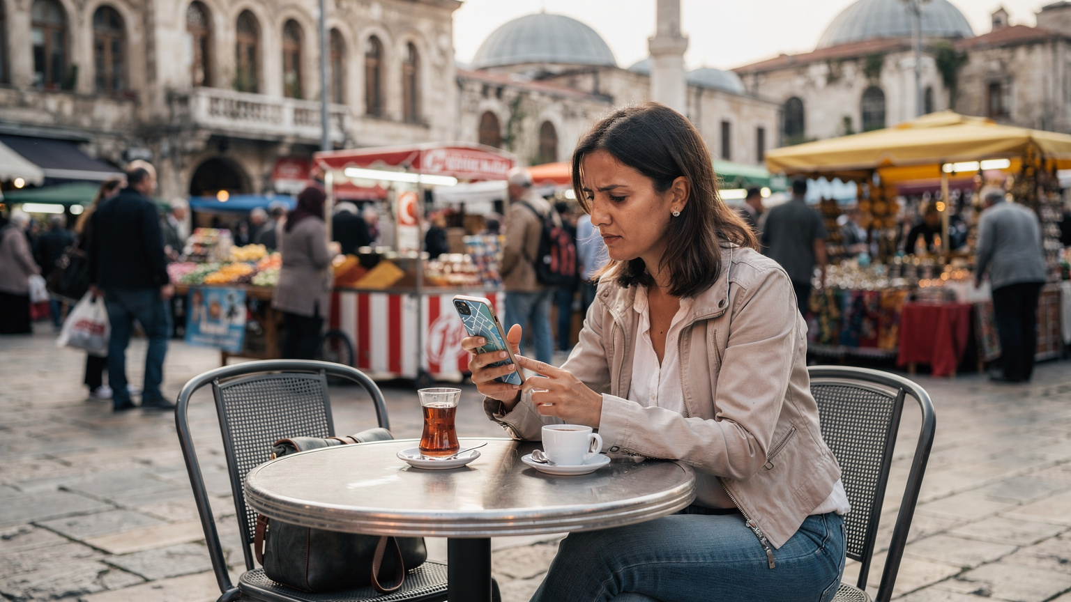 İstanbul'da hareketli bir pazar yerinde, satıcıların ve müşterilerin arasında, bir kafenin köşesinde oturan bir kadının cep telefonundan harita uygulamasını endişeyle kontrol ettiği bir an.