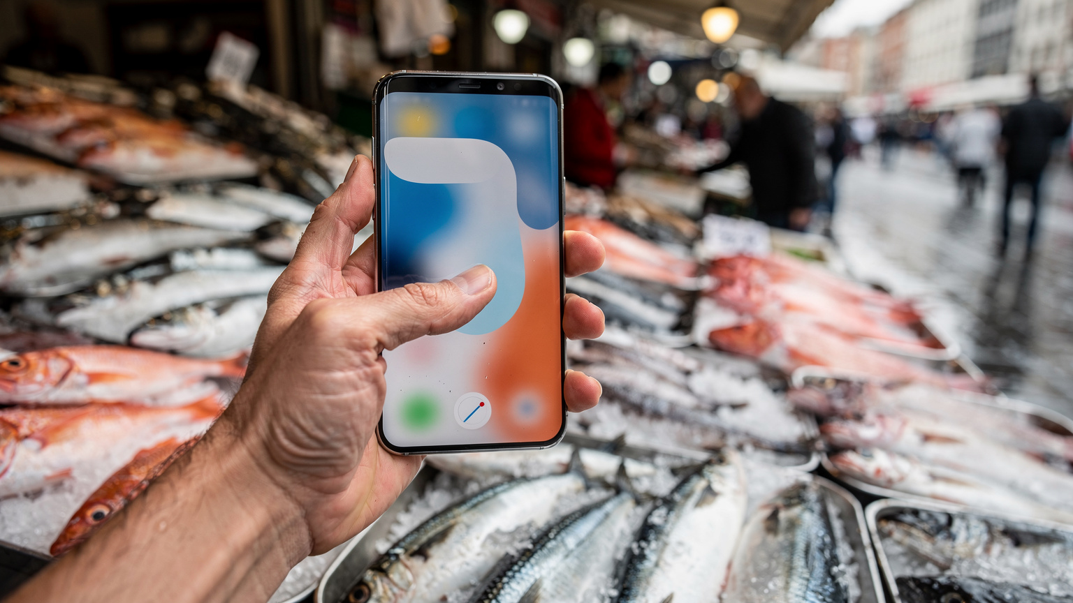 İstanbul'da bir balıkçının tezgahında, parlak, taze balıkların yanında, bir elin akıllı telefon ekranında hava durumu uygulamasını kontrol ettiği yakın çekim.