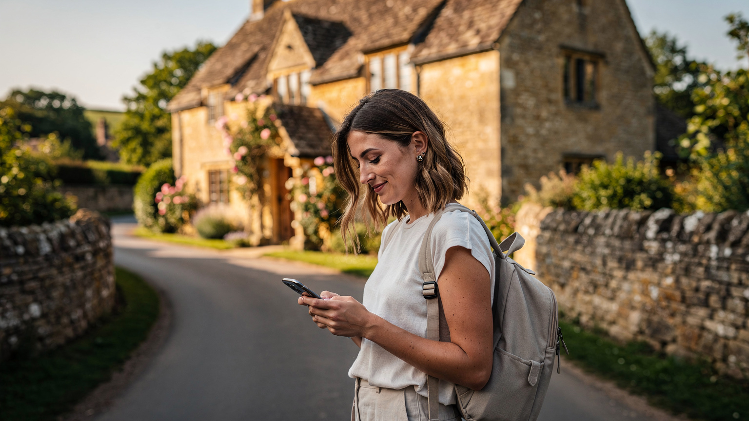 Woman in Cotswolds checking phone with eSIM, picturesque village and golden light in background.
