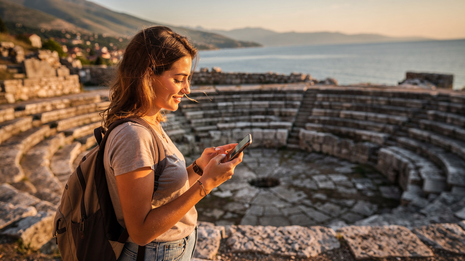Woman checking her phone at the Roman Theatre of Ohrid, North Macedonia at sunset, showcasing travel tech.