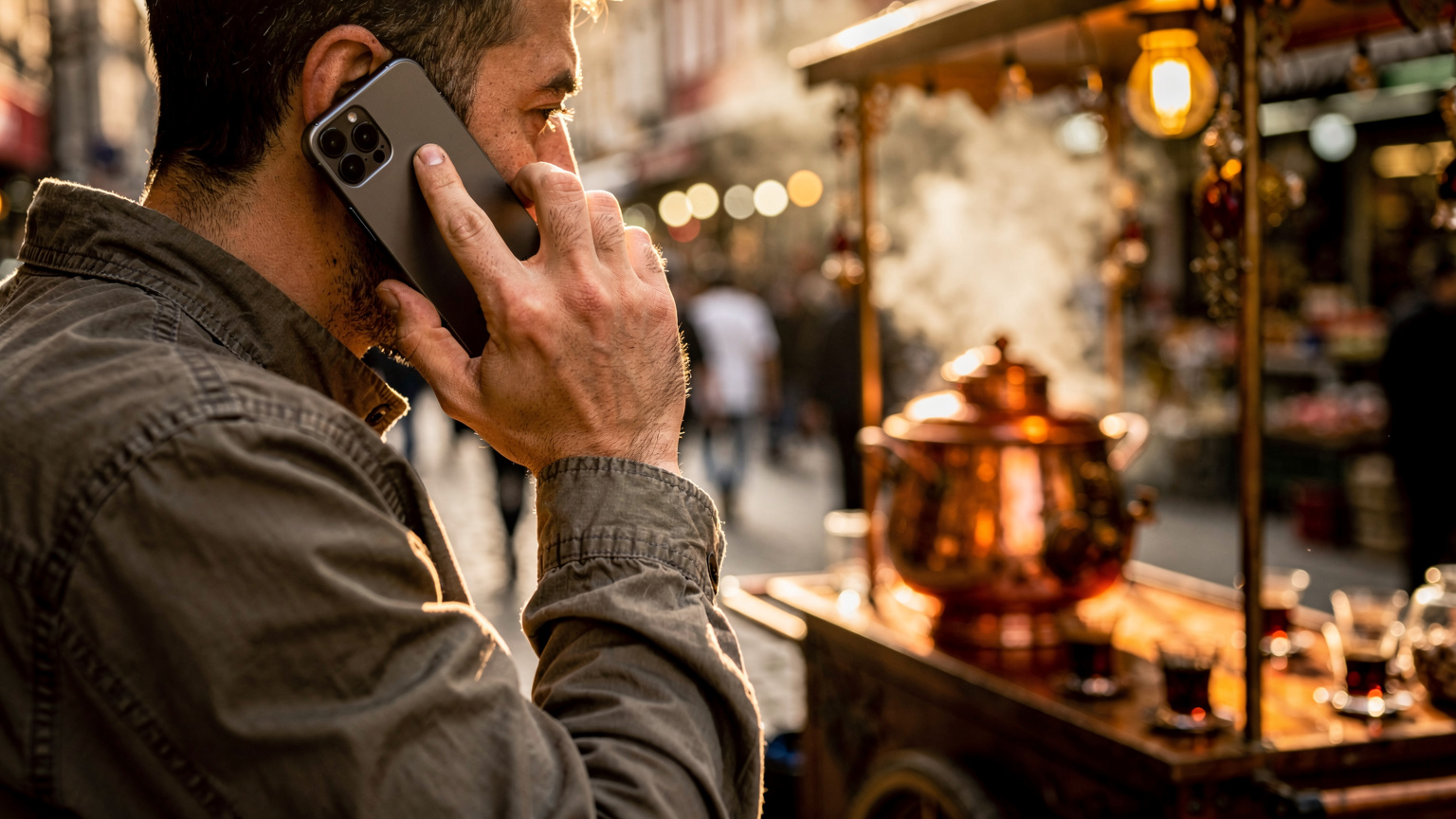 Mâini ținând un telefon la ureche într-o piață din Istanbul, lumina caldă a unui stand de ceai în fundal