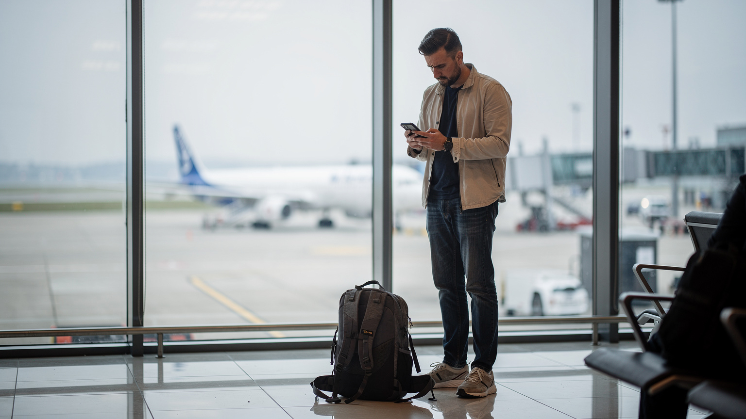 Călător verificându-și telefonul în fața unei vitrine de la aeroportul Otopeni, lumina rece a dimineții