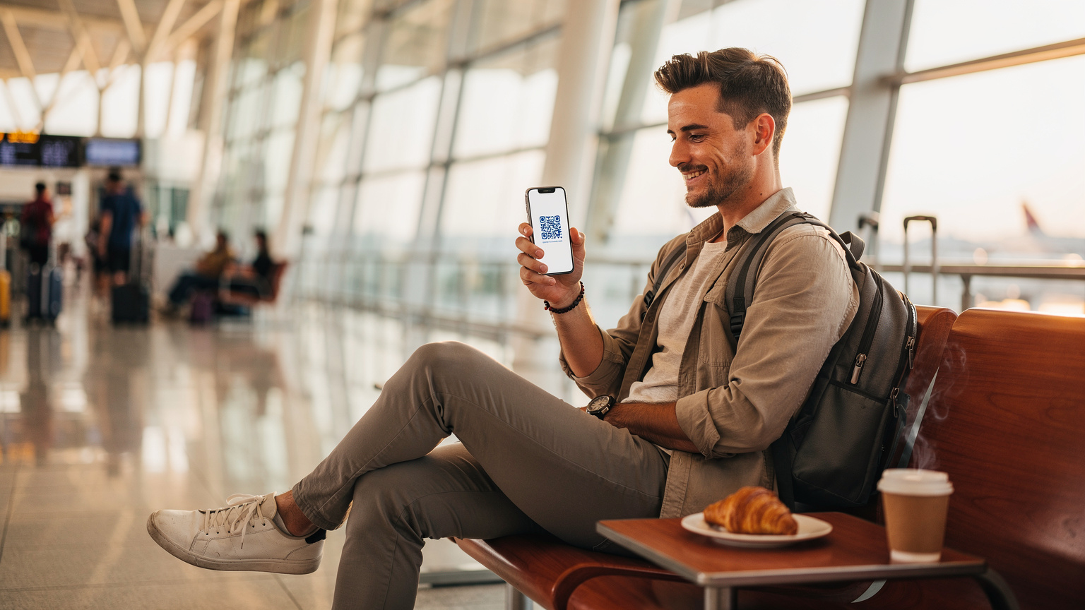Traveler activating eSIM via QR code on smartphone at Singapore Changi Airport departure hall, natural light.