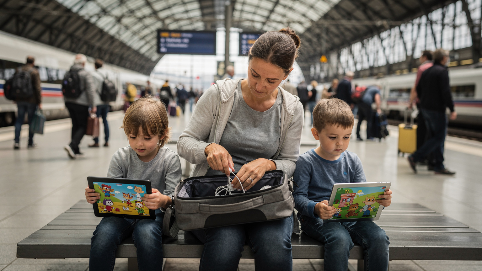 Hareketli bir Avrupa tren istasyonunda, bir anne çantasından şarj kablosu çıkarırken, yanındaki iki çocuk iPad'lerinde çizgi film izliyor. Arka planda vagonların hareketli görüntüsü ve insanlar.