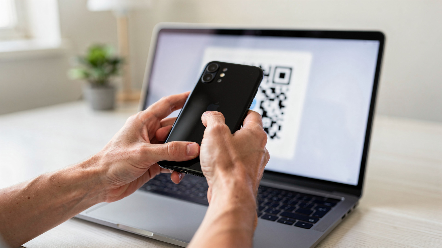 Nahaufnahme von Händen, die ein Smartphone über einen Laptop-Bildschirm halten, auf dem ein QR-Code zur eSIM-Installation angezeigt wird, wobei der Code unleserlich ist.
