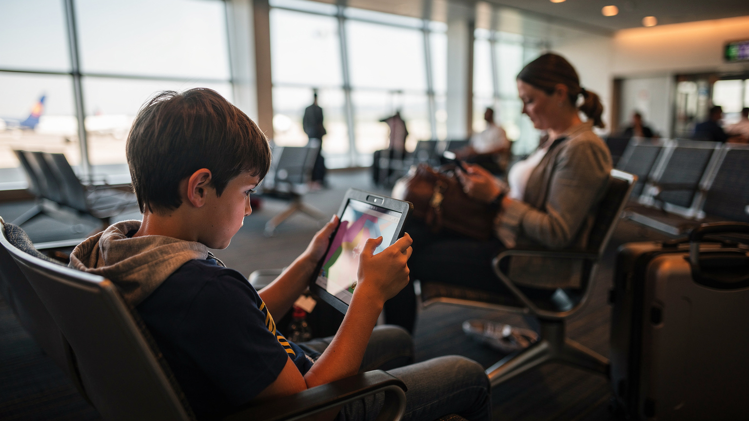 Ein müdes Kind sitzt in einem belebten Wartebereich am Flughafen und spielt konzentriert auf einem Tablet, während im Hintergrund eine Frau auf ihr Smartphone blickt.