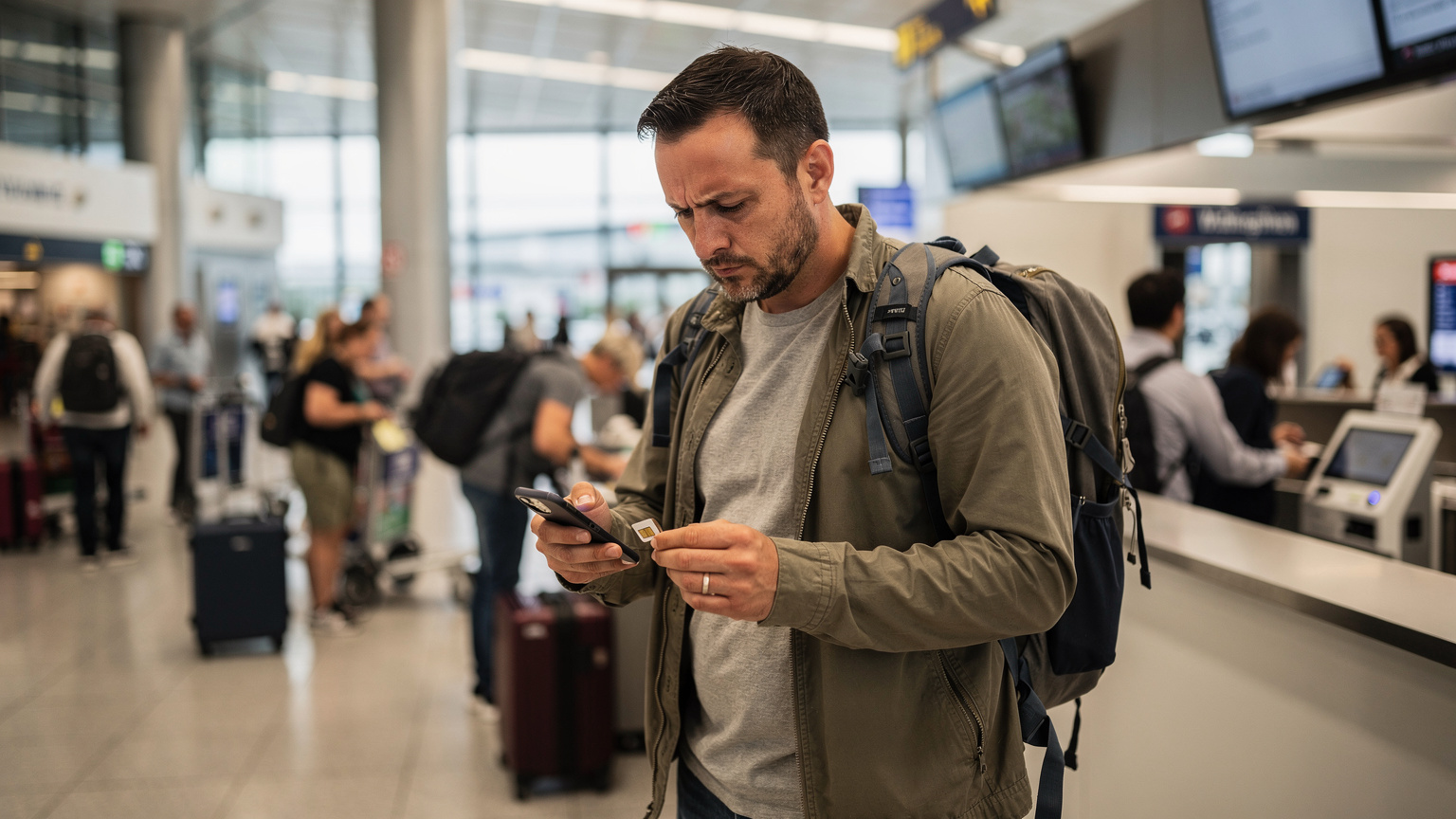 Ein Reisender am Check-in-Schalter eines Flughafens in München, der frustriert versucht, eine winzige SIM-Karte in sein Handy einzulegen, während eine lange Schlange hinter ihm wartet.