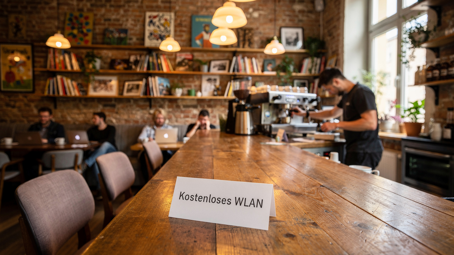 Ein gemütliches Café in der Berliner Mitte mit einem Schild 'Kostenloses WLAN' und einem Barista, der hinter der Theke Kaffee zubereitet.