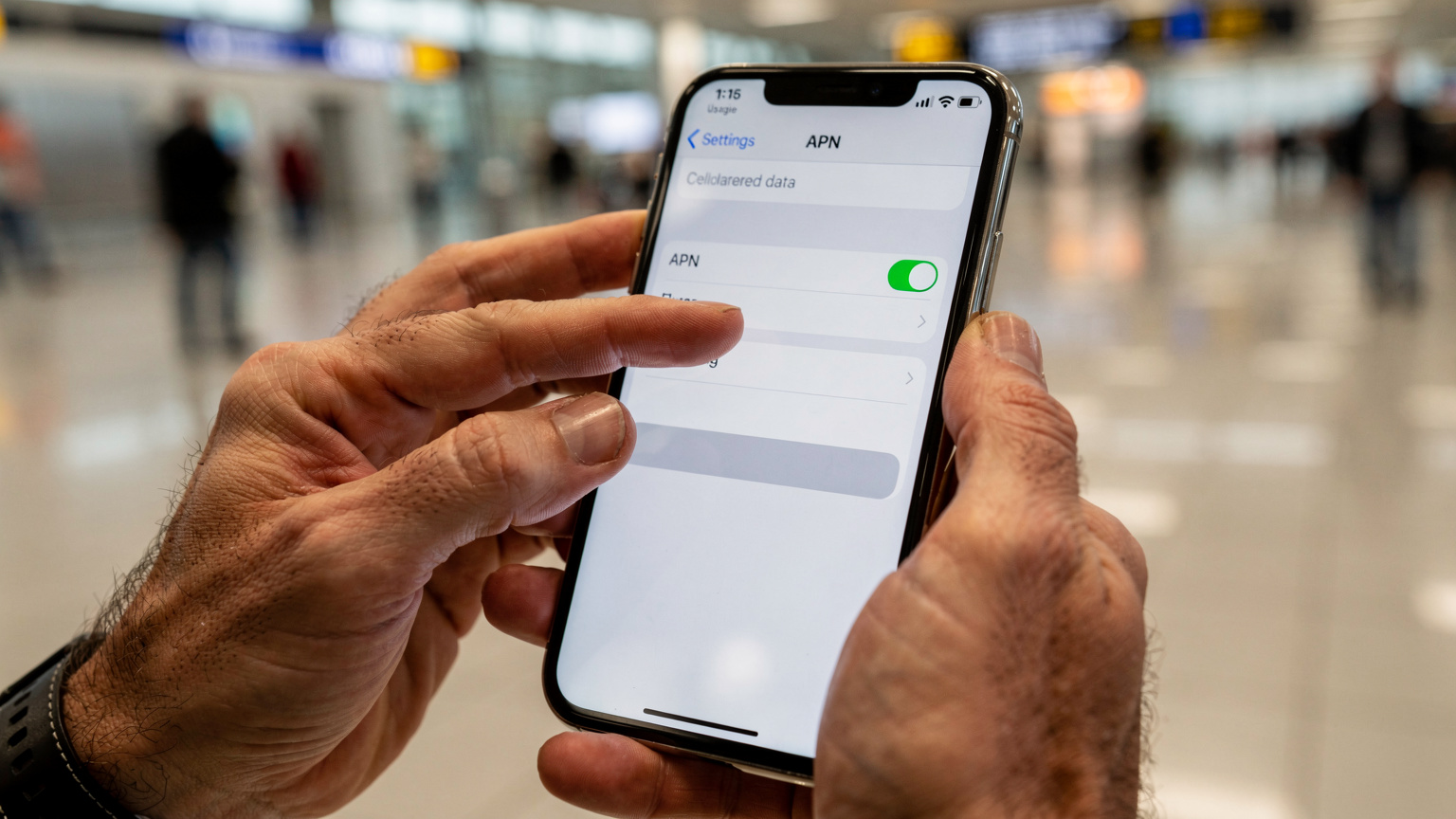 Main d'un voyageur configurant l'APN sur un iPhone dans un hall d'aéroport