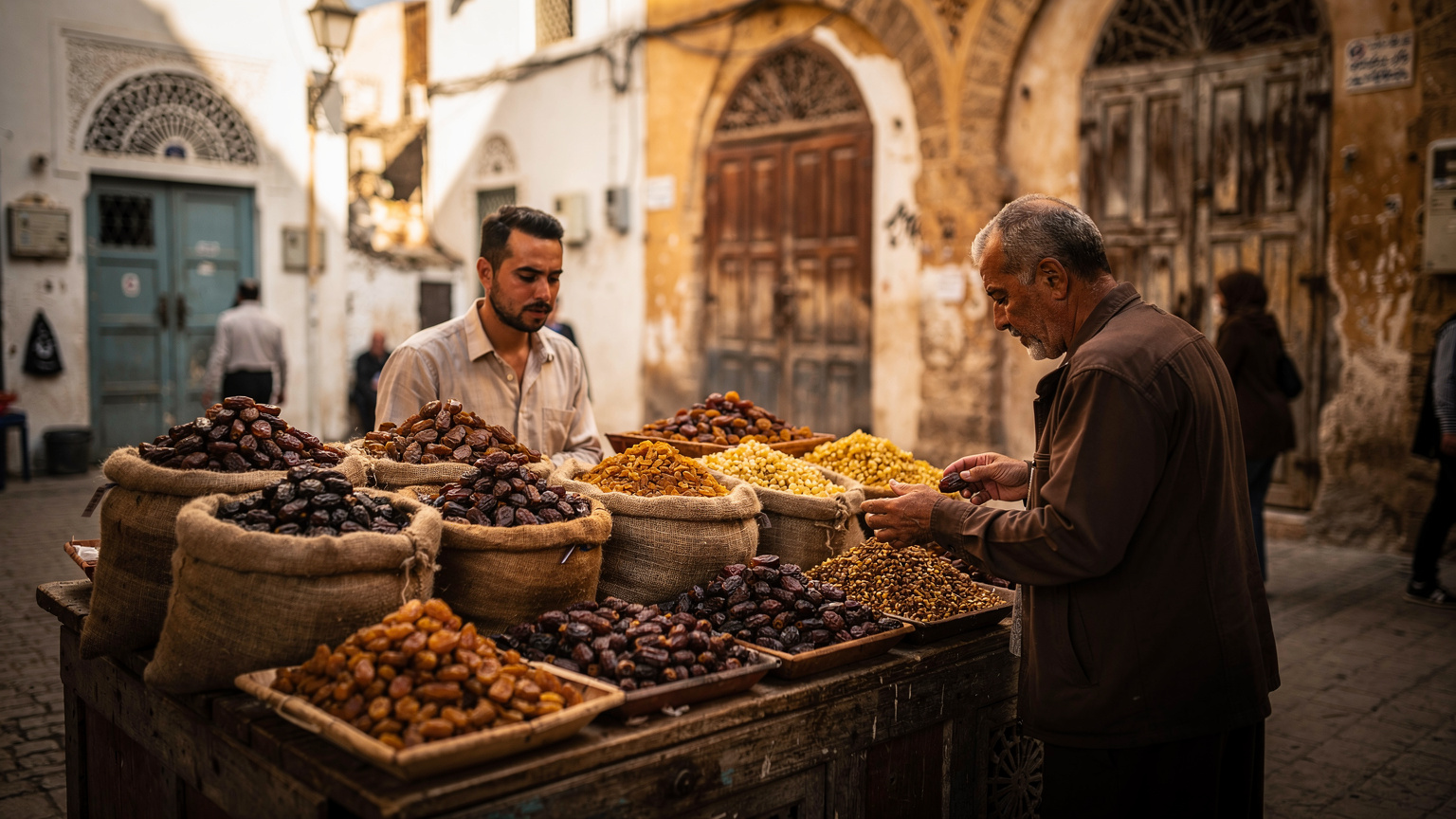 Vendeur de dattes dans la Médina de Tunis, marché animé du matin