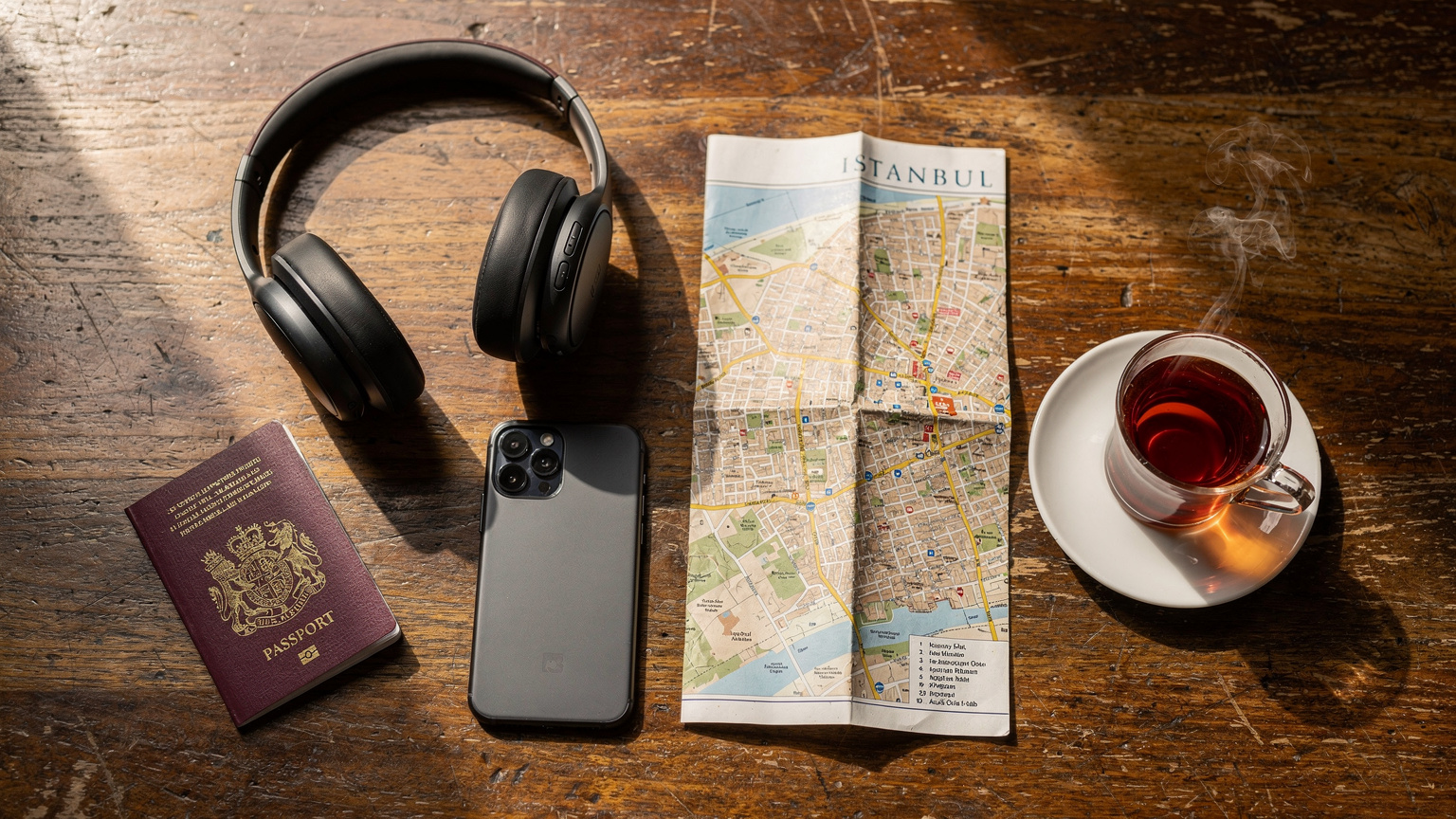 An overhead flat-lay shot of a traveler's essentials on a rustic wooden table: a passport, a pair of headphones, a folded city map, and a smartphone (screen down, no visible UI) next to a small cup of Turkish tea.