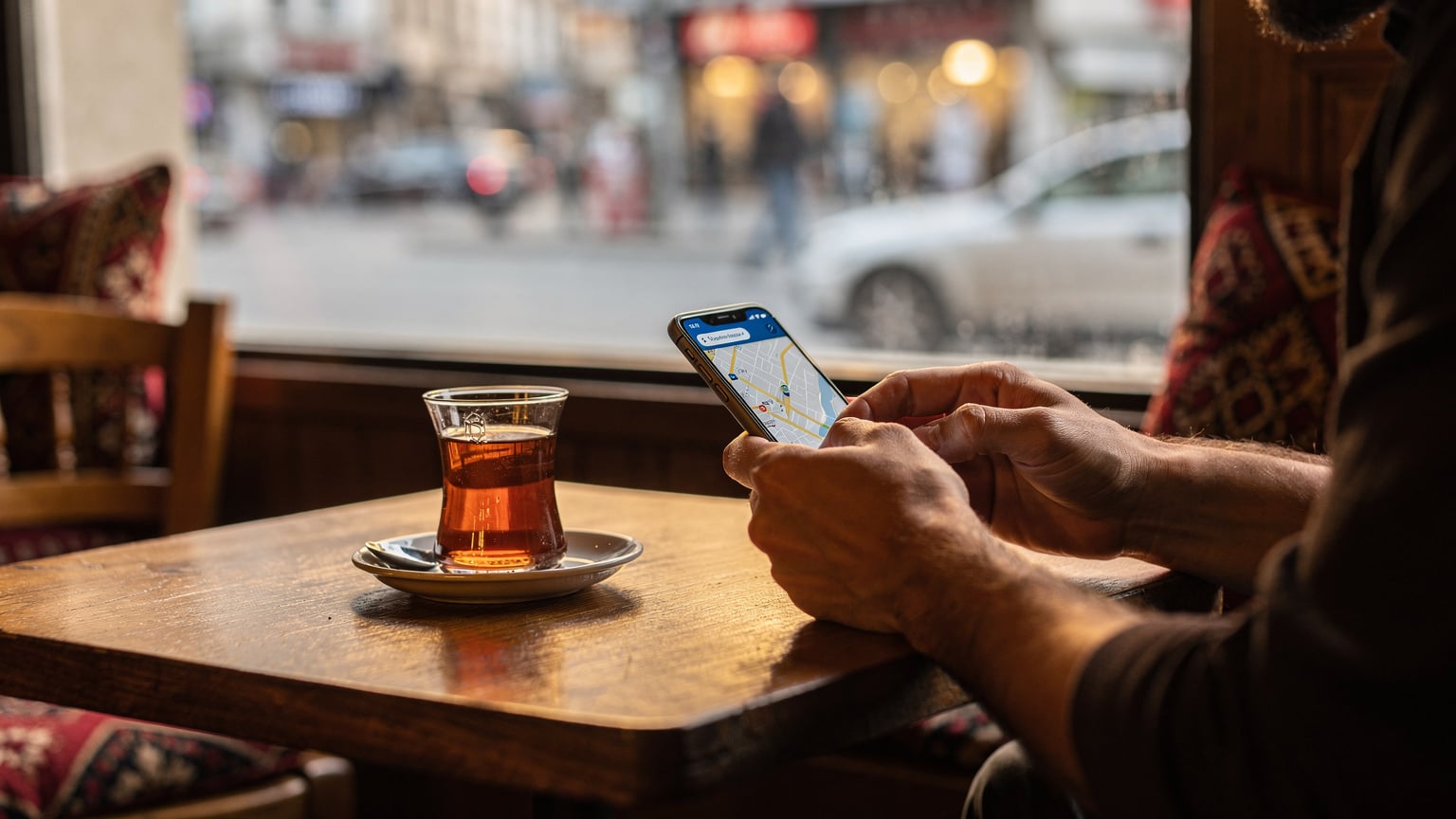 Bir kafenin penceresinden dışarı bakarken, bir el kahve fincanını tutarken diğer el telefon ekranına odaklanmış, haritalar veya bir ulaşım uygulamasını kontrol ediyor. Ekranın içeriği belli belirsiz.